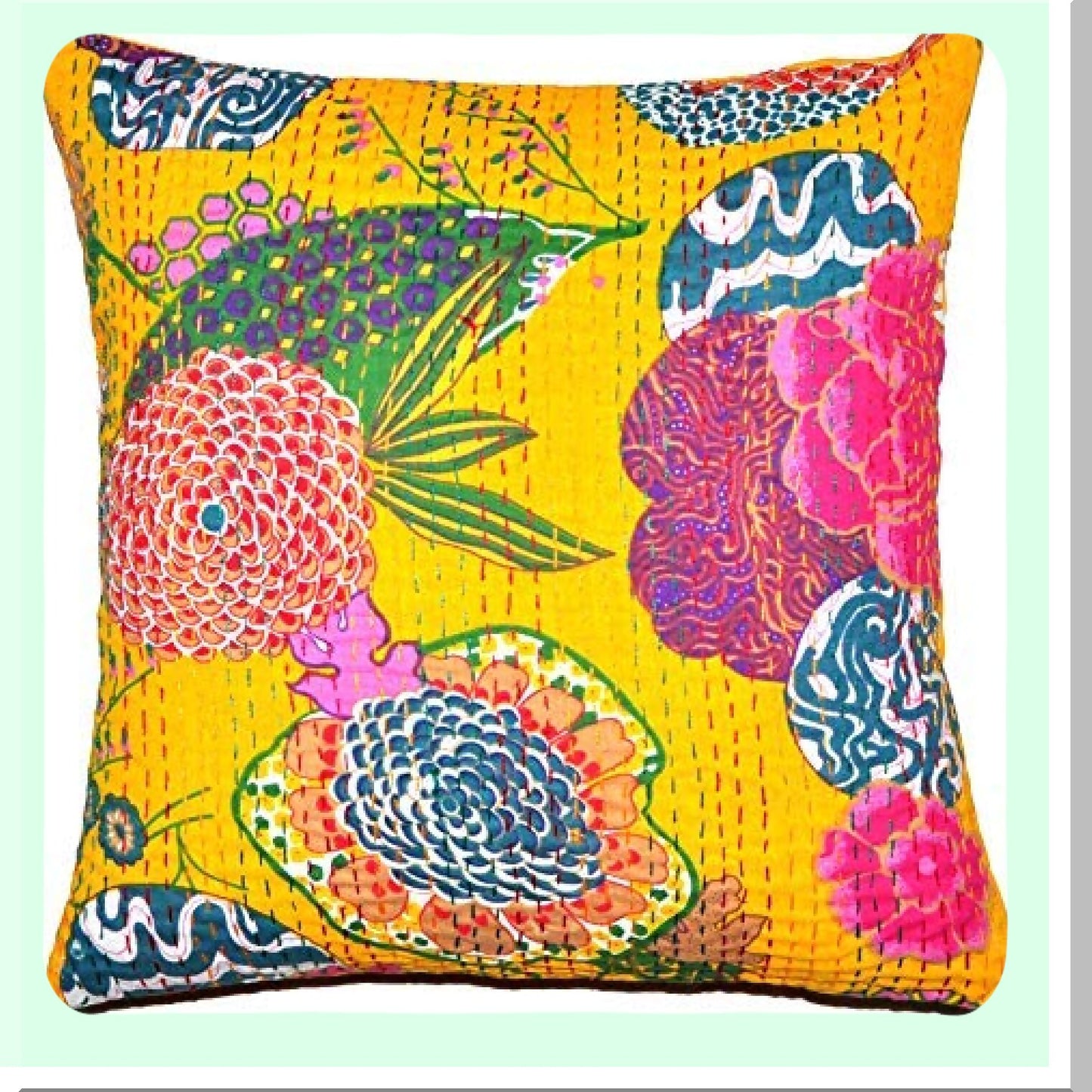 Boho Chic Kantha Pillow Set - 5 Pcs White Embroidered Cushion Covers - Vintage Floral Fruit Print - Traditional Cotton Home Decor - 16X16 Inches