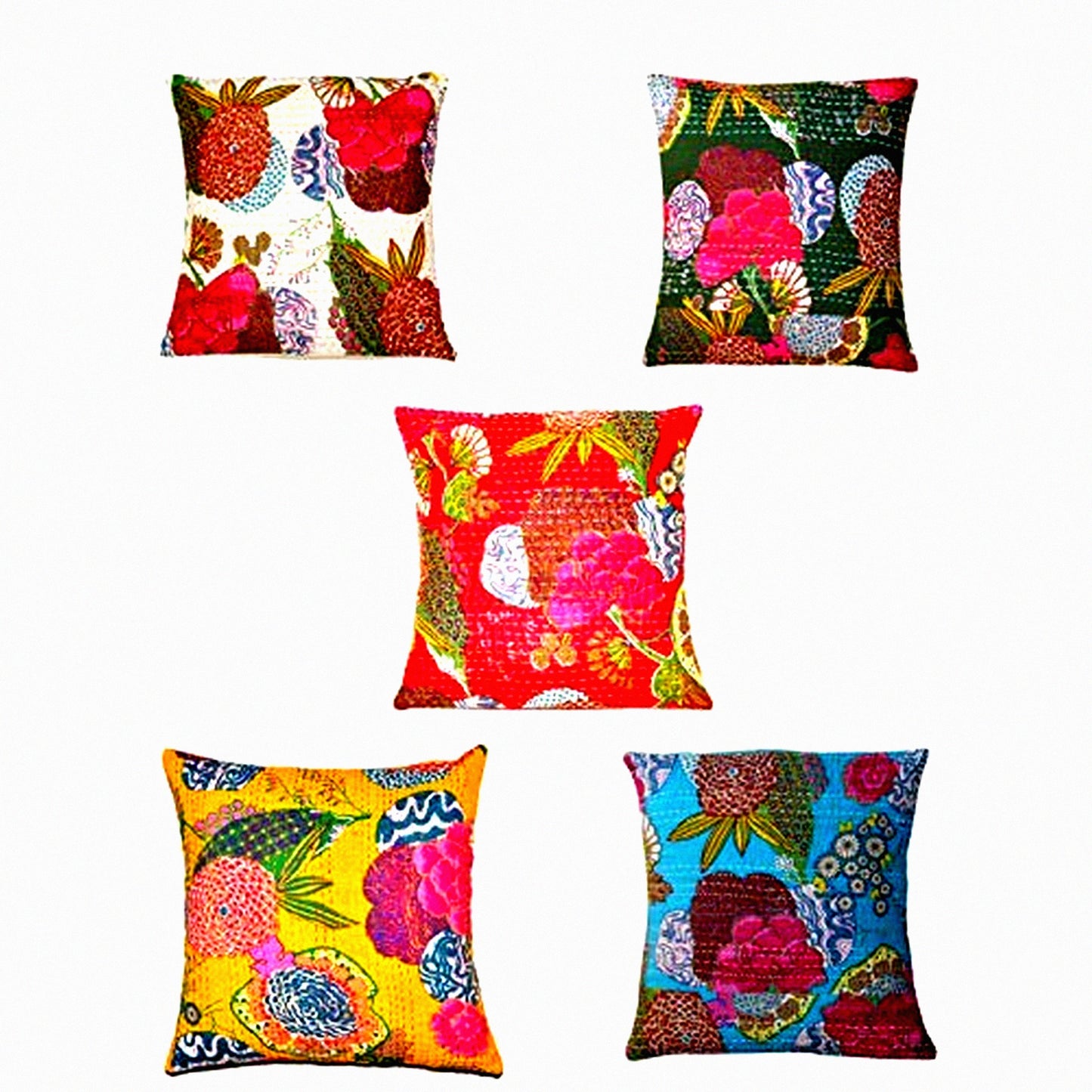 Boho Chic Kantha Pillow Set - 5 Pcs White Embroidered Cushion Covers - Vintage Floral Fruit Print - Traditional Cotton Home Decor - 16X16 Inches