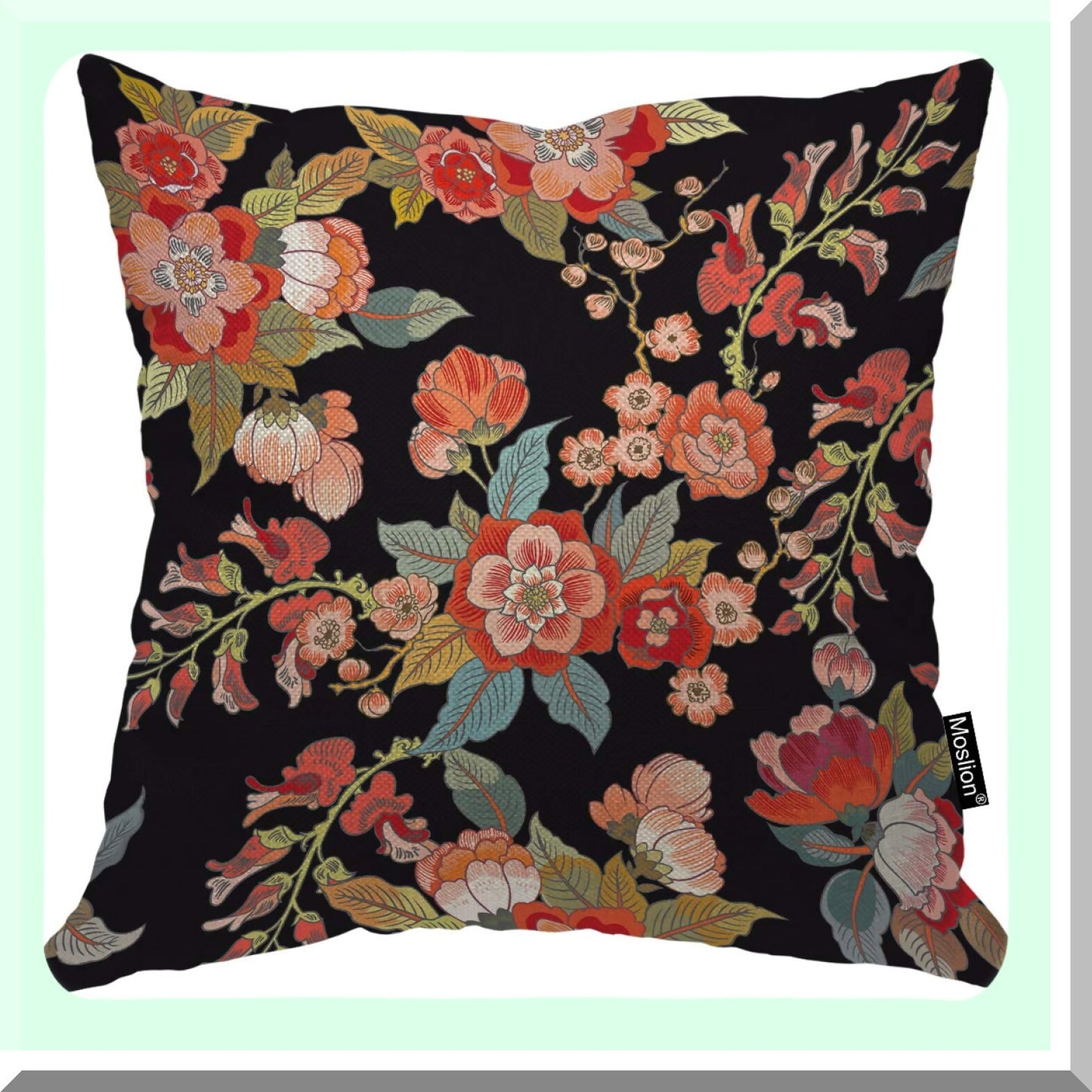 Retro Floral Leaf Vintage Pillow Cover - Black Square Cushion Case for Home & Car Decor - Cotton Linen 18x18 Inch - Flower Style