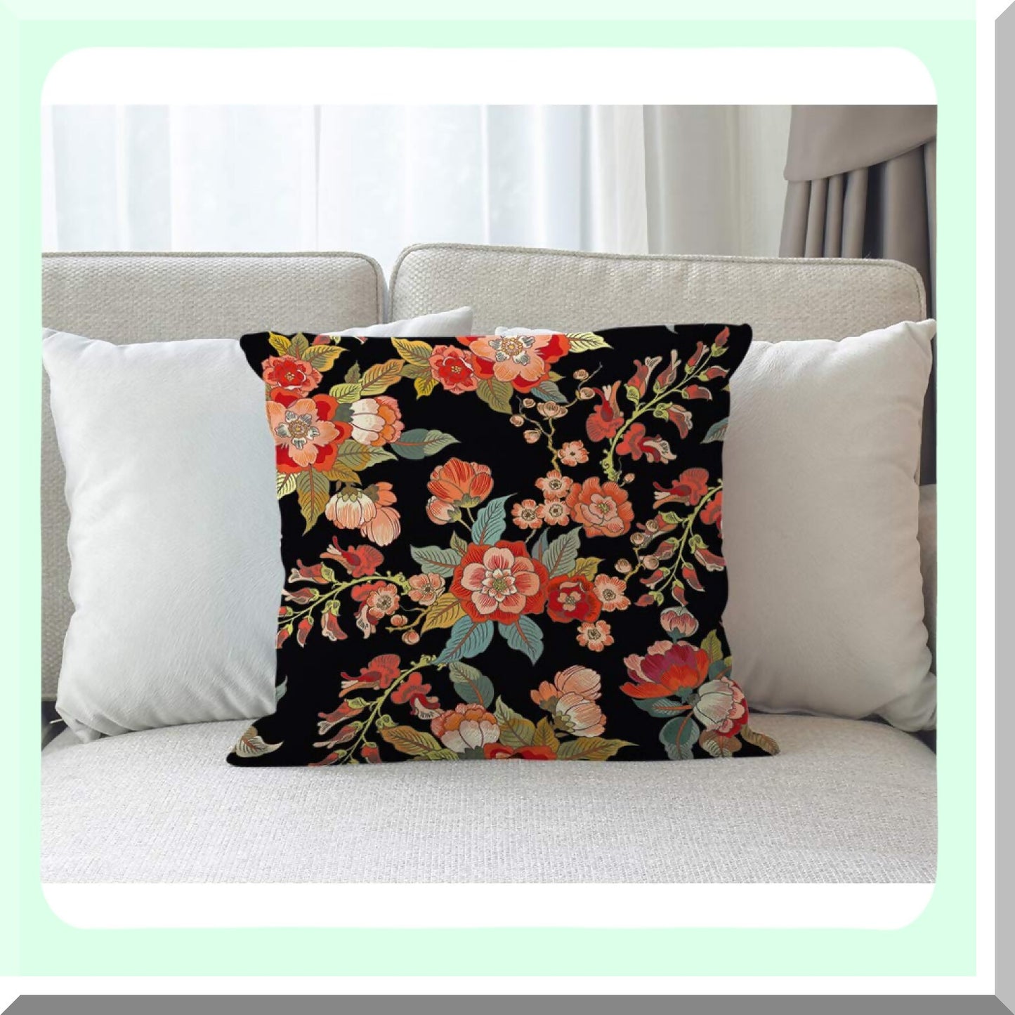 Retro Floral Leaf Vintage Pillow Cover - Black Square Cushion Case for Home & Car Decor - Cotton Linen 18x18 Inch - Flower Style