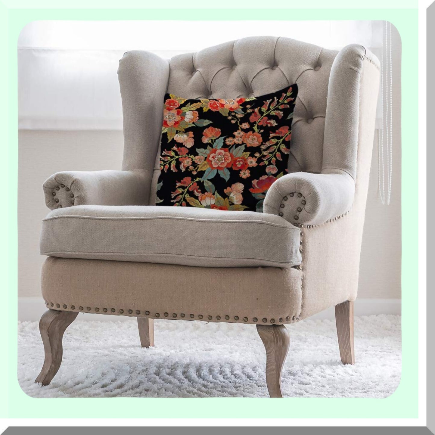 Retro Floral Leaf Vintage Pillow Cover - Black Square Cushion Case for Home & Car Decor - Cotton Linen 18x18 Inch - Flower Style