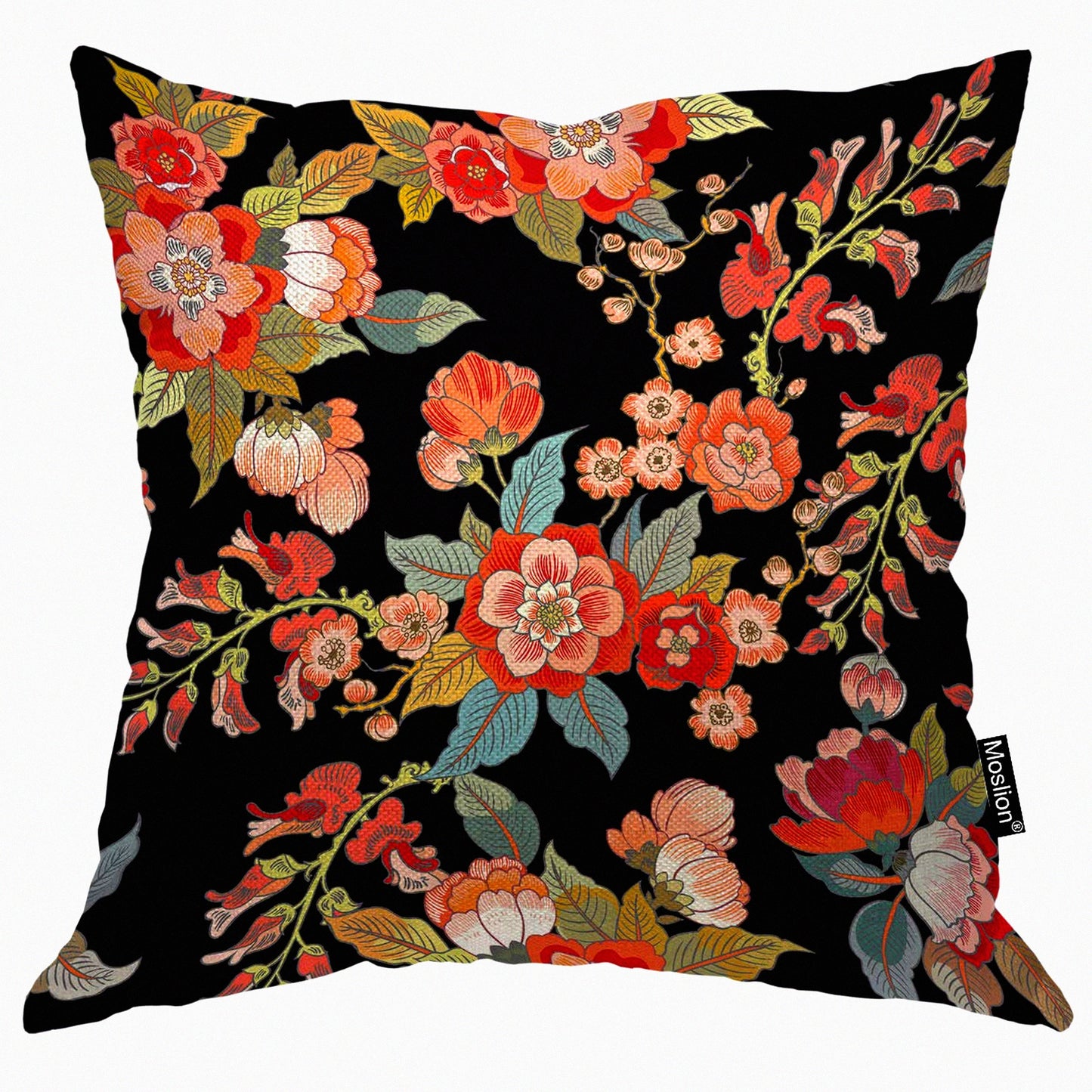 Retro Floral Leaf Vintage Pillow Cover - Black Square Cushion Case for Home & Car Decor - Cotton Linen 18x18 Inch - Flower Style