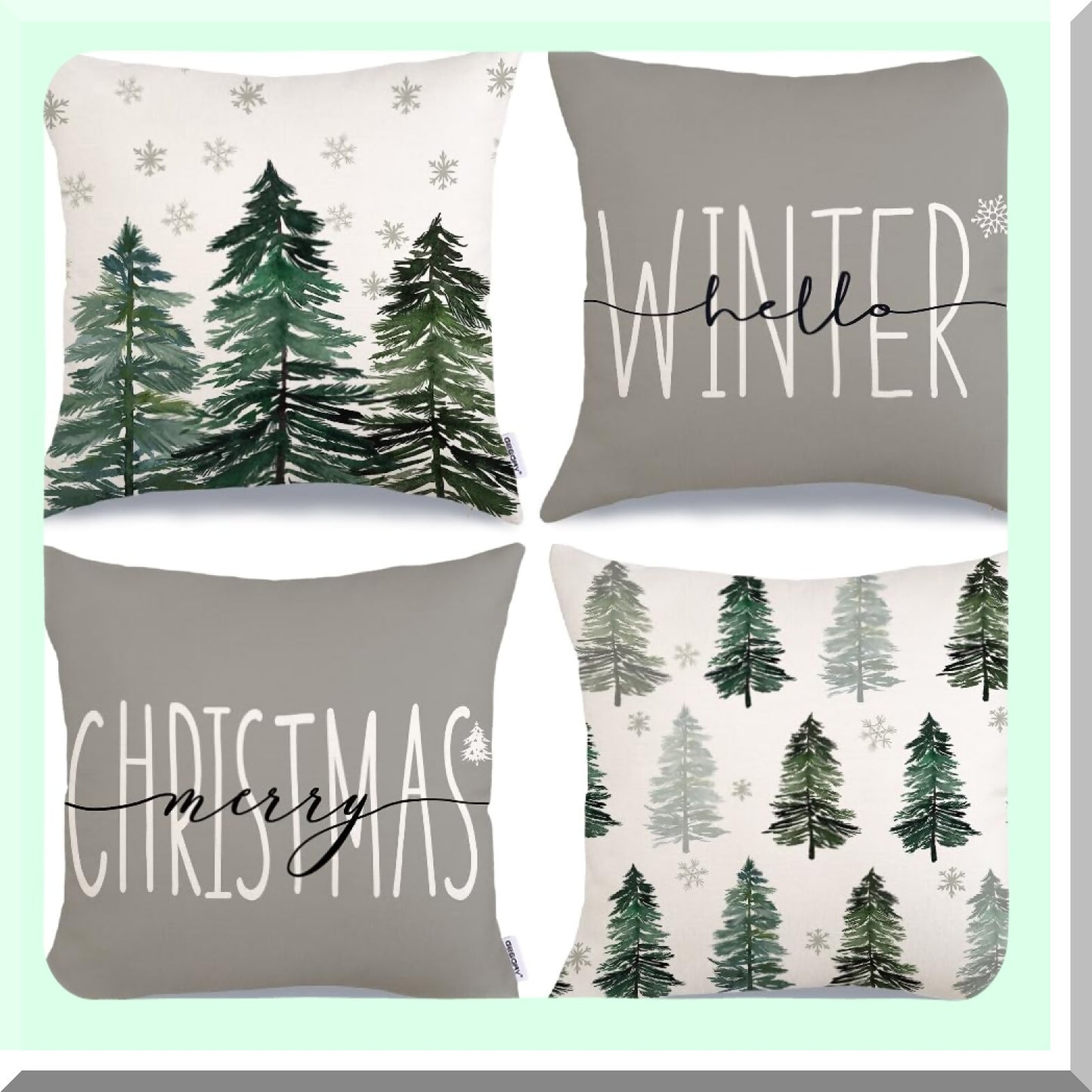 Winter Wonderland Pillow Covers - Set of 4 Grey Xmas Tree Snow Decorative Throw Pillowcases. Farmhouse Holiday Cushion Cases for Home Party Sofa Couch.