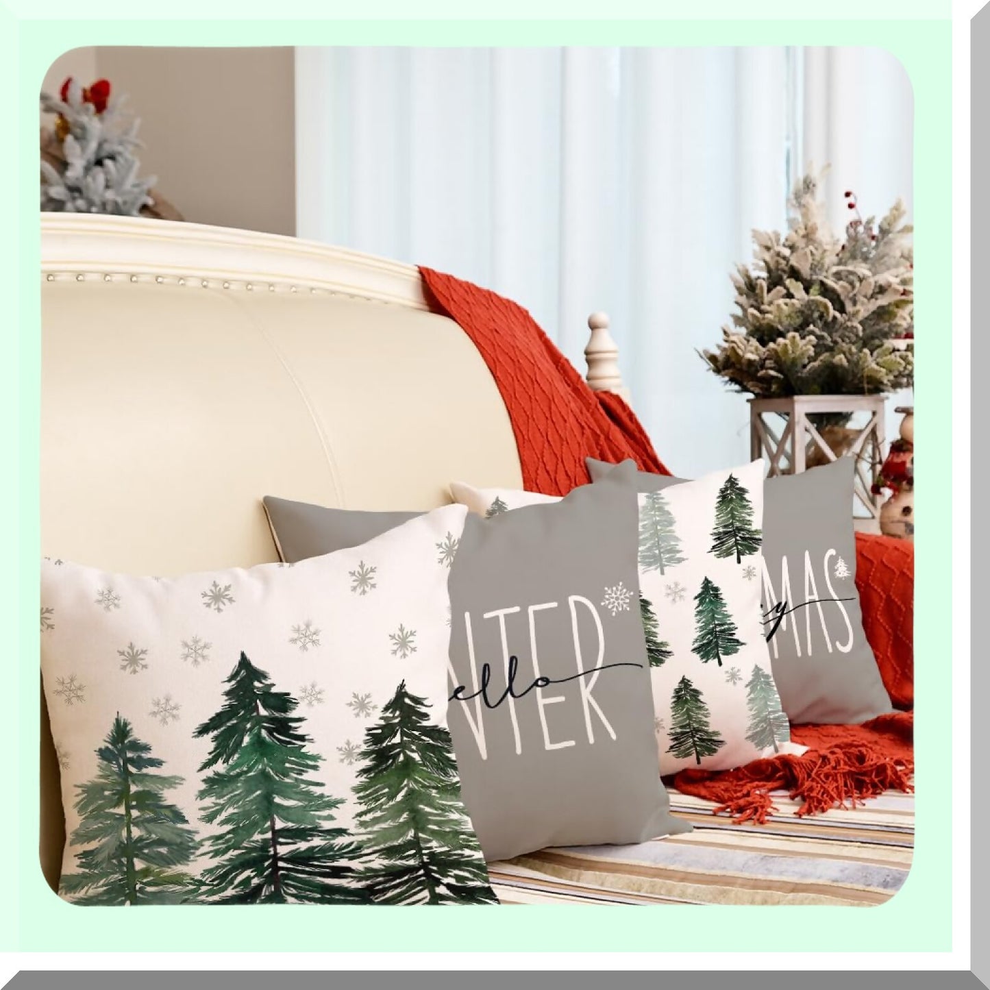 Winter Wonderland Pillow Covers - Set of 4 Grey Xmas Tree Snow Decorative Throw Pillowcases. Farmhouse Holiday Cushion Cases for Home Party Sofa Couch.