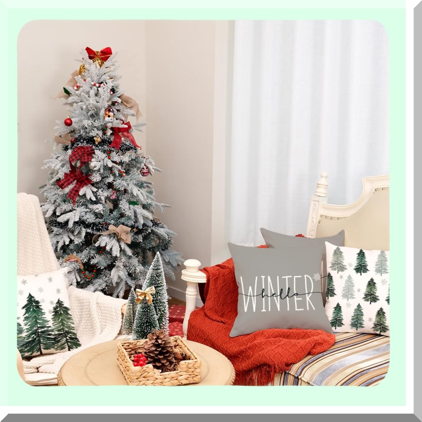 Winter Wonderland Pillow Covers - Set of 4 Grey Xmas Tree Snow Decorative Throw Pillowcases. Farmhouse Holiday Cushion Cases for Home Party Sofa Couch.