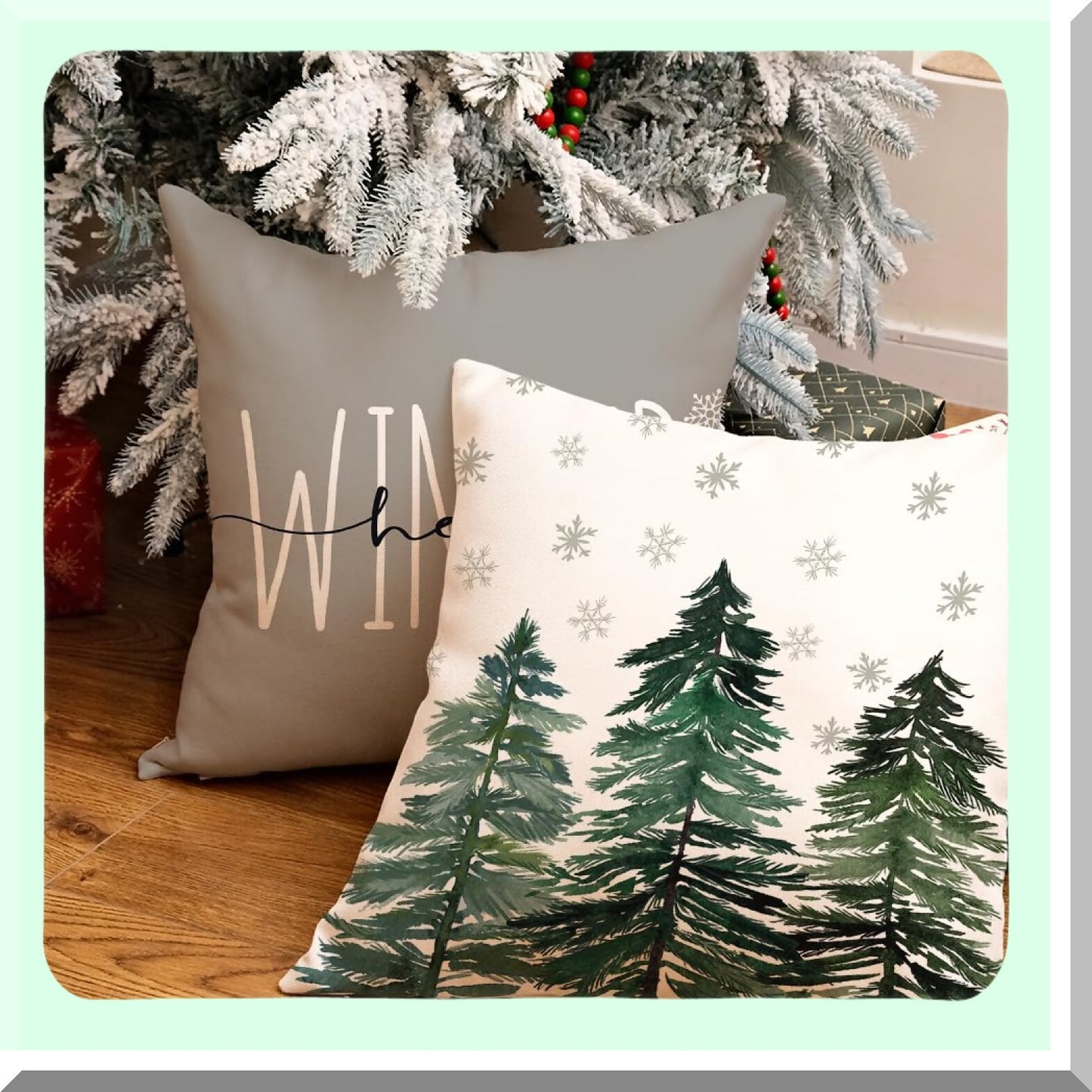 Winter Wonderland Pillow Covers - Set of 4 Grey Xmas Tree Snow Decorative Throw Pillowcases. Farmhouse Holiday Cushion Cases for Home Party Sofa Couch.