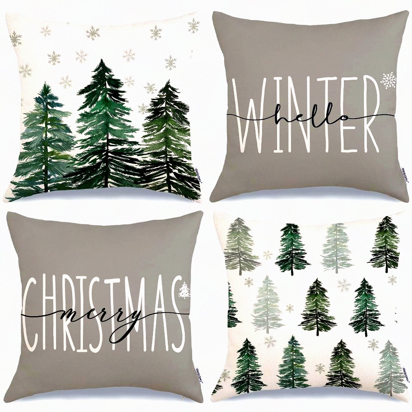 Winter Wonderland Pillow Covers - Set of 4 Grey Xmas Tree Snow Decorative Throw Pillowcases. Farmhouse Holiday Cushion Cases for Home Party Sofa Couch.