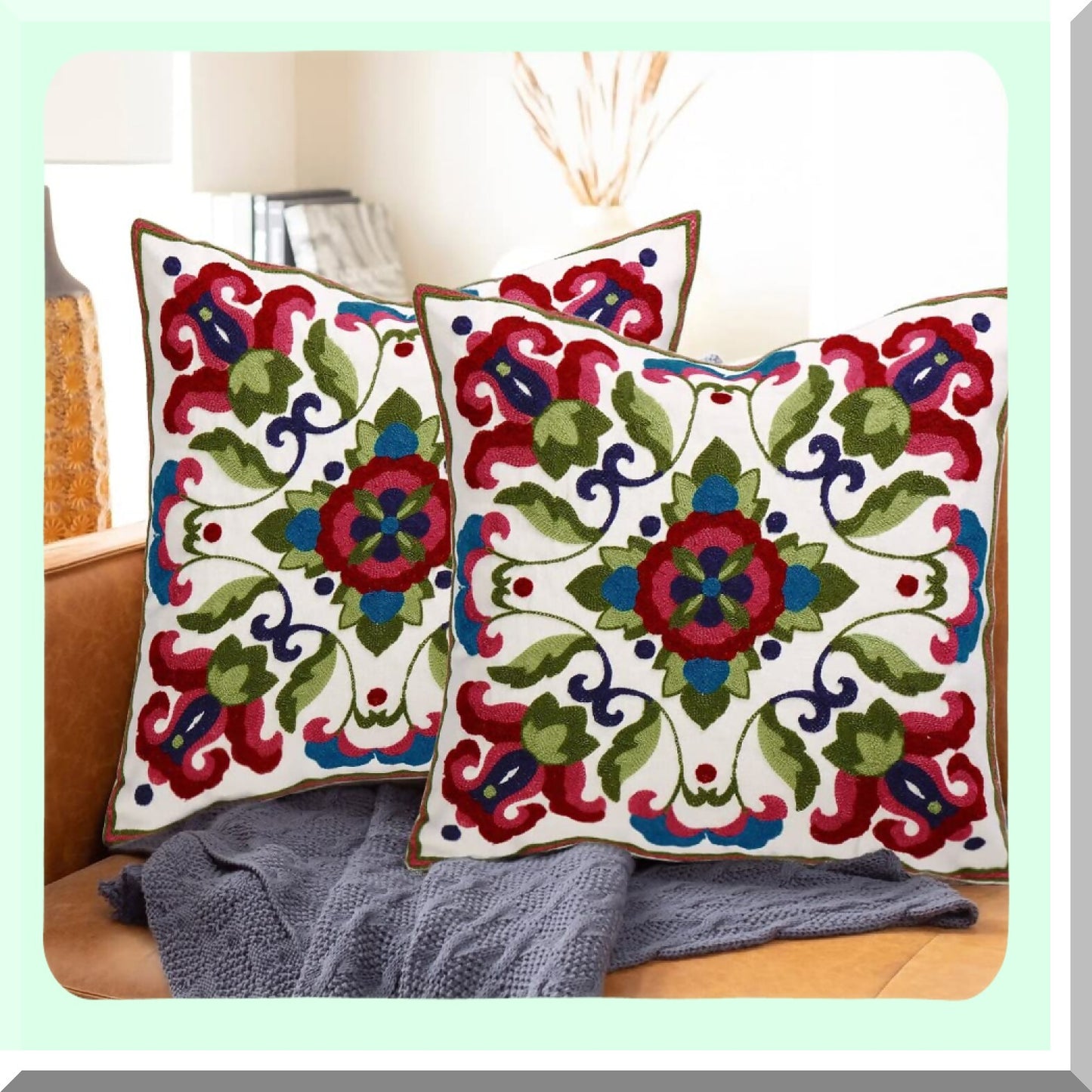 Embroidered Mandela Pattern Pillowcase Set - Decorative Throw Pillow Covers 18x18 Inches for Living Room, Bed, Sofa, Chair - Pack of 2