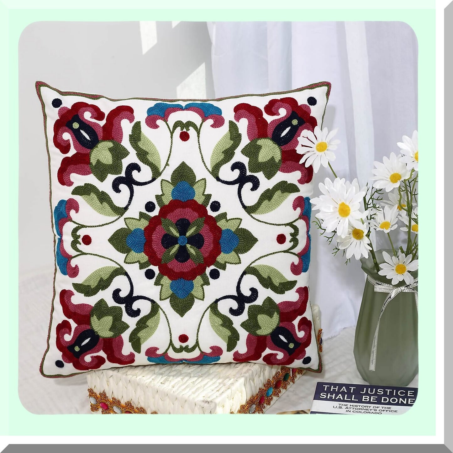 Embroidered Mandela Pattern Pillowcase Set - Decorative Throw Pillow Covers 18x18 Inches for Living Room, Bed, Sofa, Chair - Pack of 2