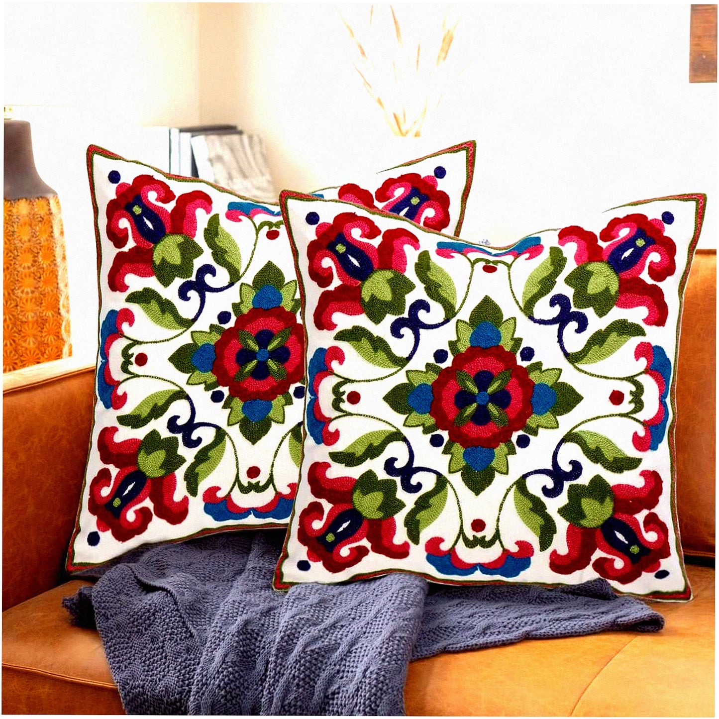 Embroidered Mandela Pattern Pillowcase Set - Decorative Throw Pillow Covers 18x18 Inches for Living Room, Bed, Sofa, Chair - Pack of 2