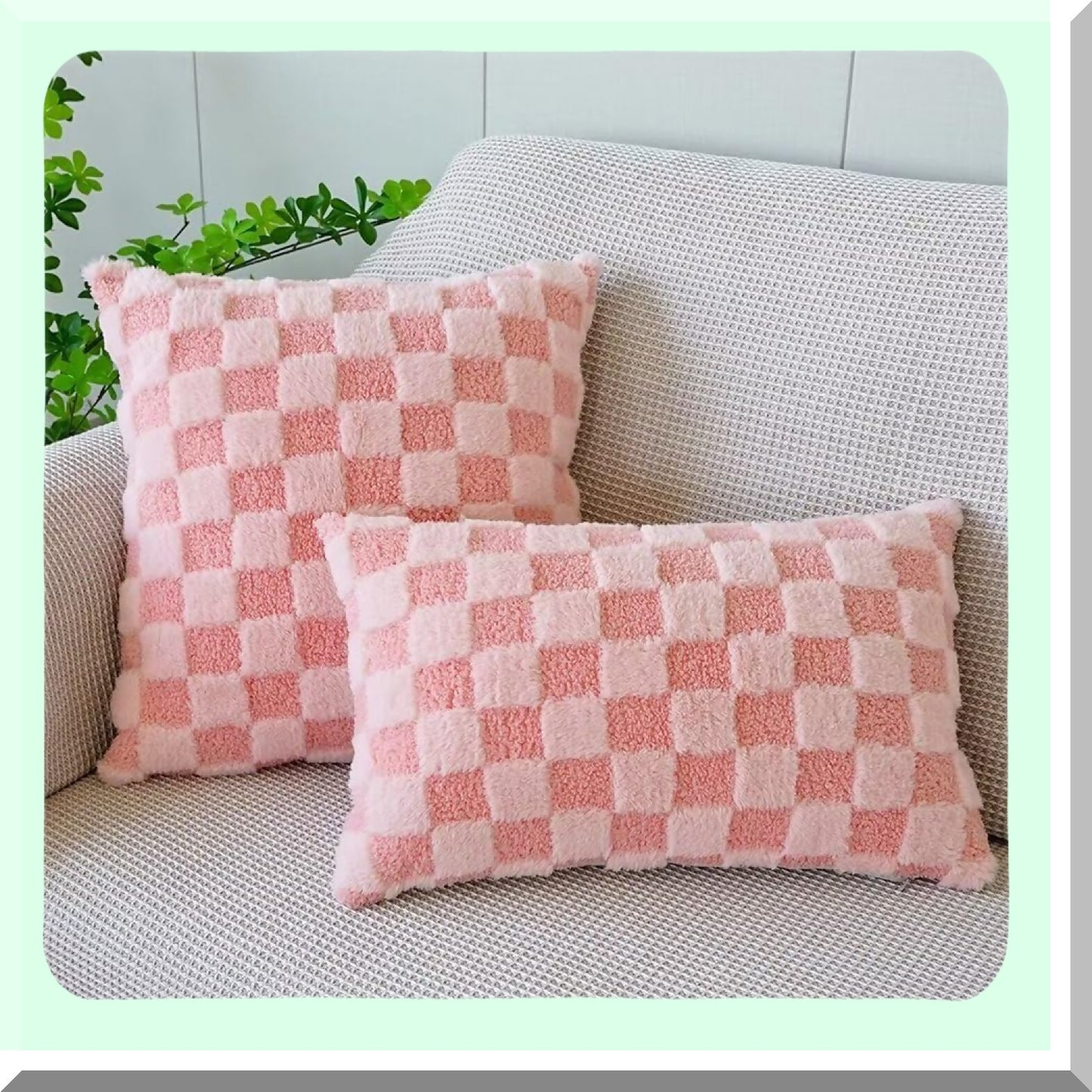 Checkered Pink Plush Pillow Covers - Set of 2 | Soft Decorative Throw Pillow Cases for Couch 18x18 Square - Pack of Two