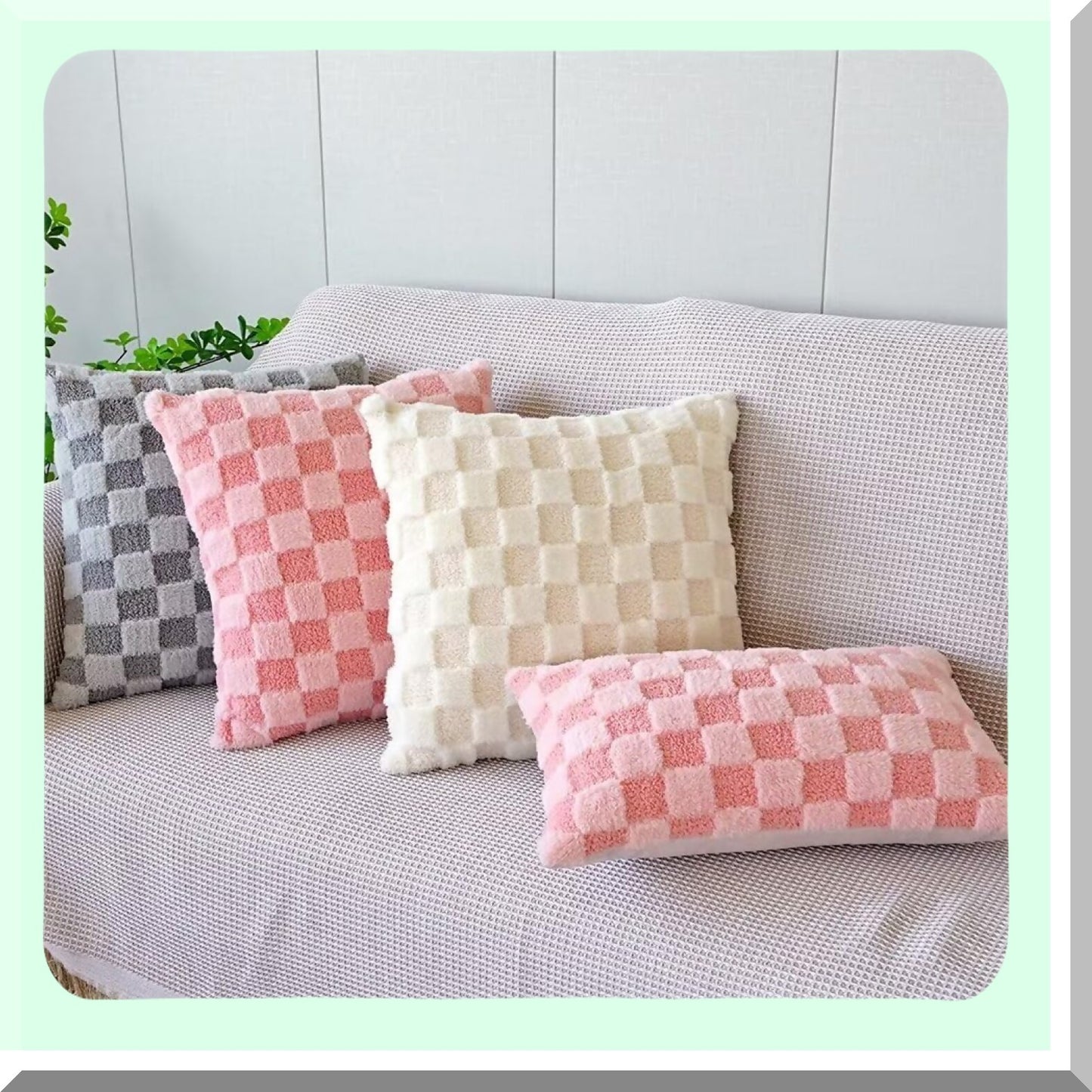 Checkered Pink Plush Pillow Covers - Set of 2 | Soft Decorative Throw Pillow Cases for Couch 18x18 Square - Pack of Two