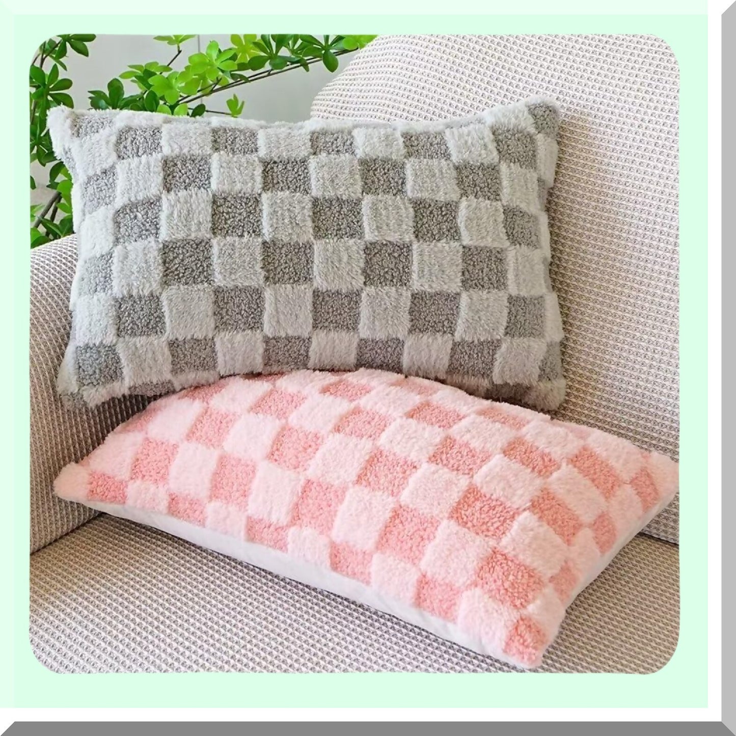 Checkered Pink Plush Pillow Covers - Set of 2 | Soft Decorative Throw Pillow Cases for Couch 18x18 Square - Pack of Two
