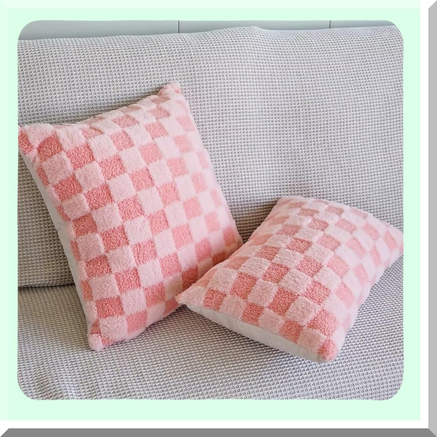 Checkered Pink Plush Pillow Covers - Set of 2 | Soft Decorative Throw Pillow Cases for Couch 18x18 Square - Pack of Two