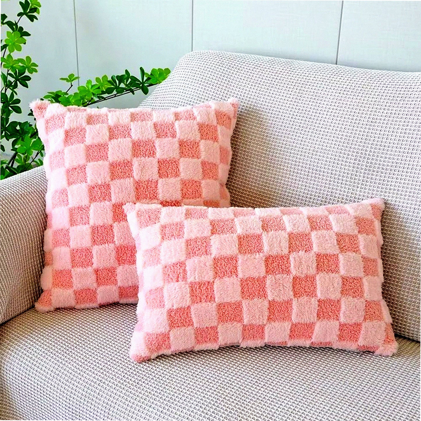 Checkered Pink Plush Pillow Covers - Set of 2 | Soft Decorative Throw Pillow Cases for Couch 18x18 Square - Pack of Two