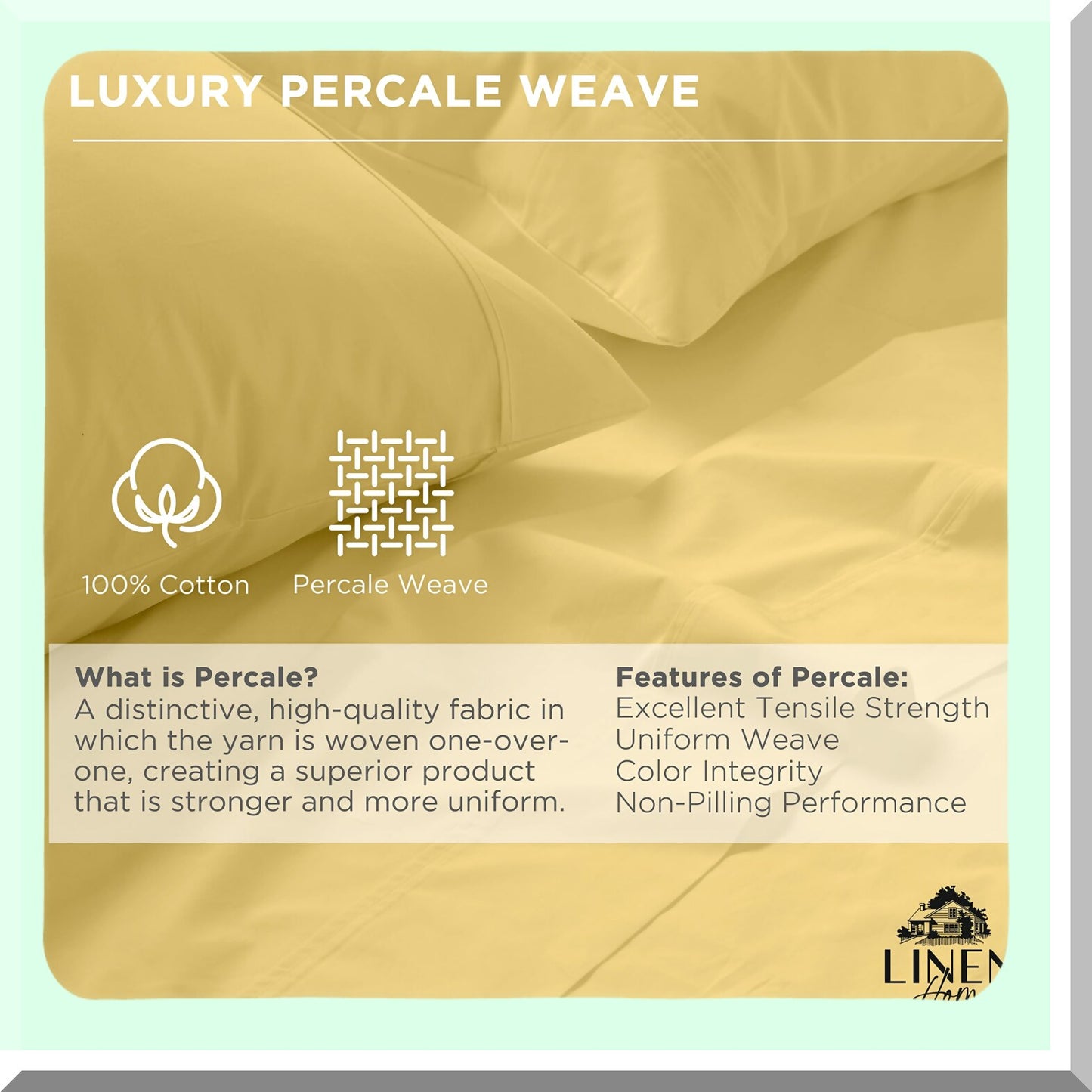 CoolCotton Queen Pillowcase Set - 100% Percale, Glod, 2 Pieces, Crisp & Strong Bedding - 20x30 Inches - Breathable & Luxurious Bed Sheets