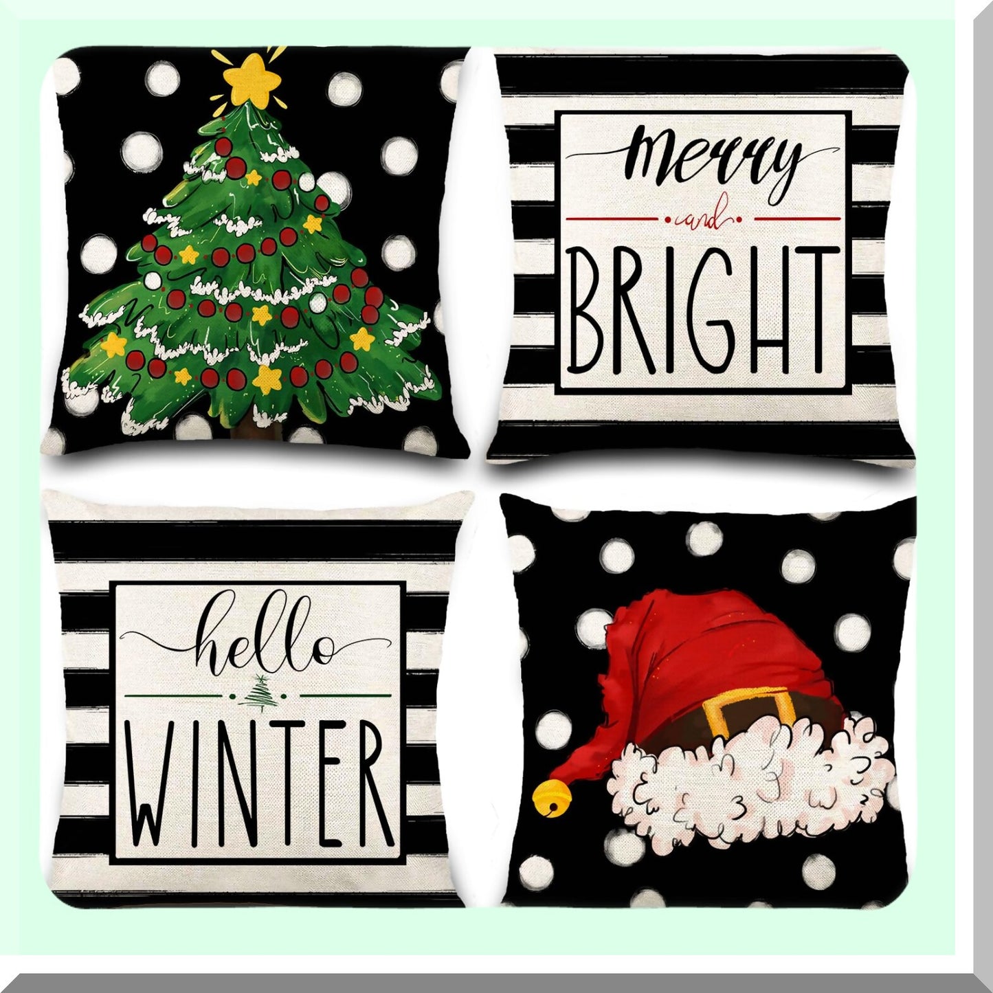 Winter Wonderland Pillow Covers - Set of 4, 18x18 inch, Merry Bright Xmas Tree Hat Black White Striped Dot Decorations, Couch Sofa Outdoor Indoor Home Décor