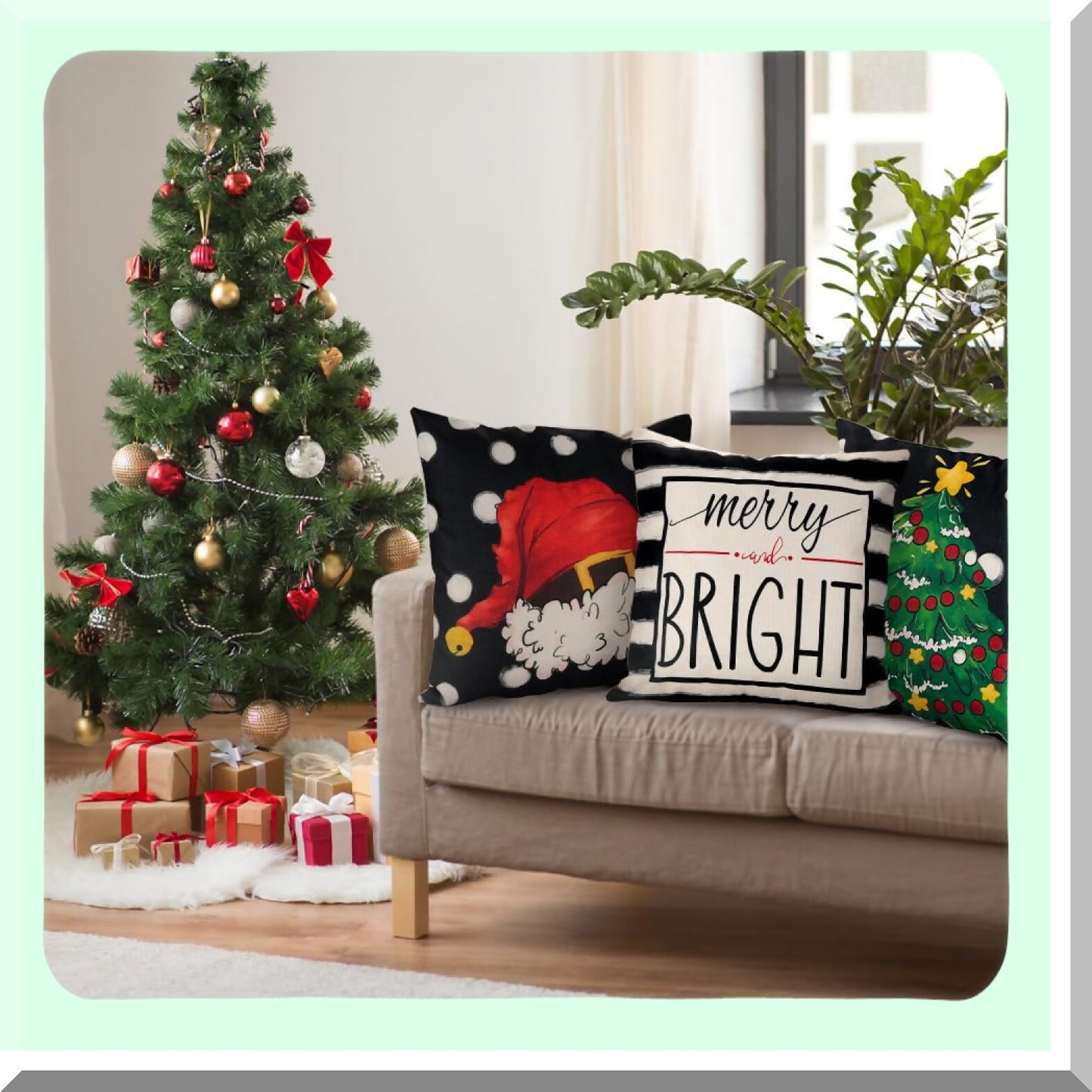 Winter Wonderland Pillow Covers - Set of 4, 18x18 inch, Merry Bright Xmas Tree Hat Black White Striped Dot Decorations, Couch Sofa Outdoor Indoor Home Décor