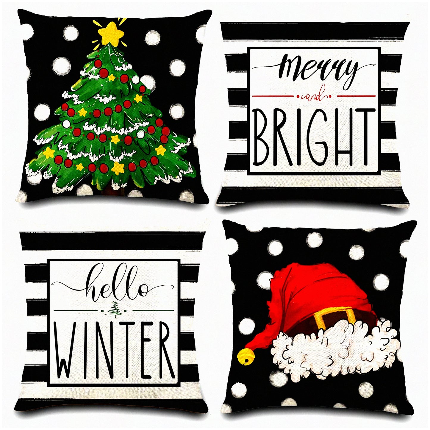 Winter Wonderland Pillow Covers - Set of 4, 18x18 inch, Merry Bright Xmas Tree Hat Black White Striped Dot Decorations, Couch Sofa Outdoor Indoor Home Décor