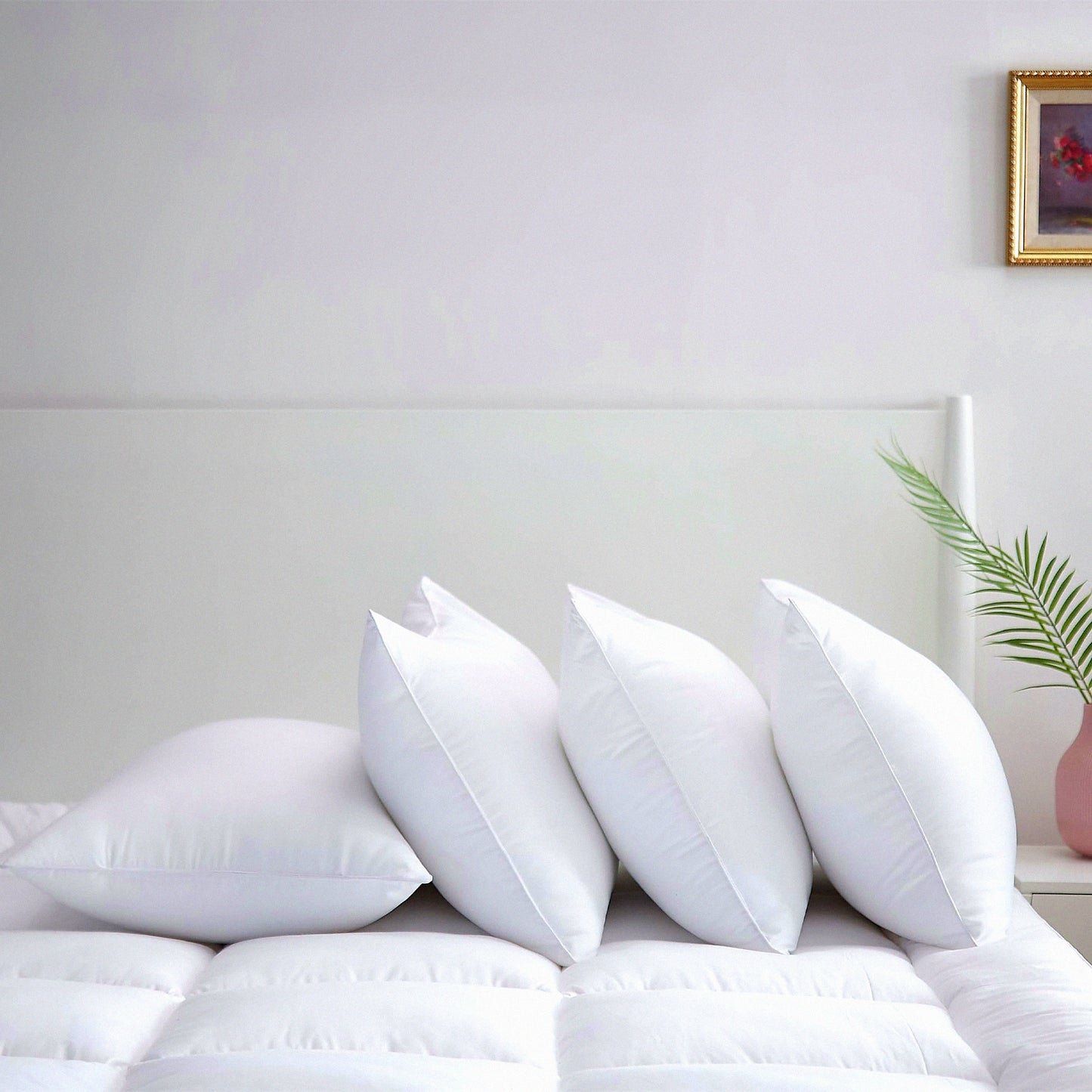 PlushDreams Hotel Comfort Pillows - Super Soft Fiber Fill Inserts for Stomach & Back Sleepers. Breathable & Cozy Bedding Set of 4, White Standard Size.