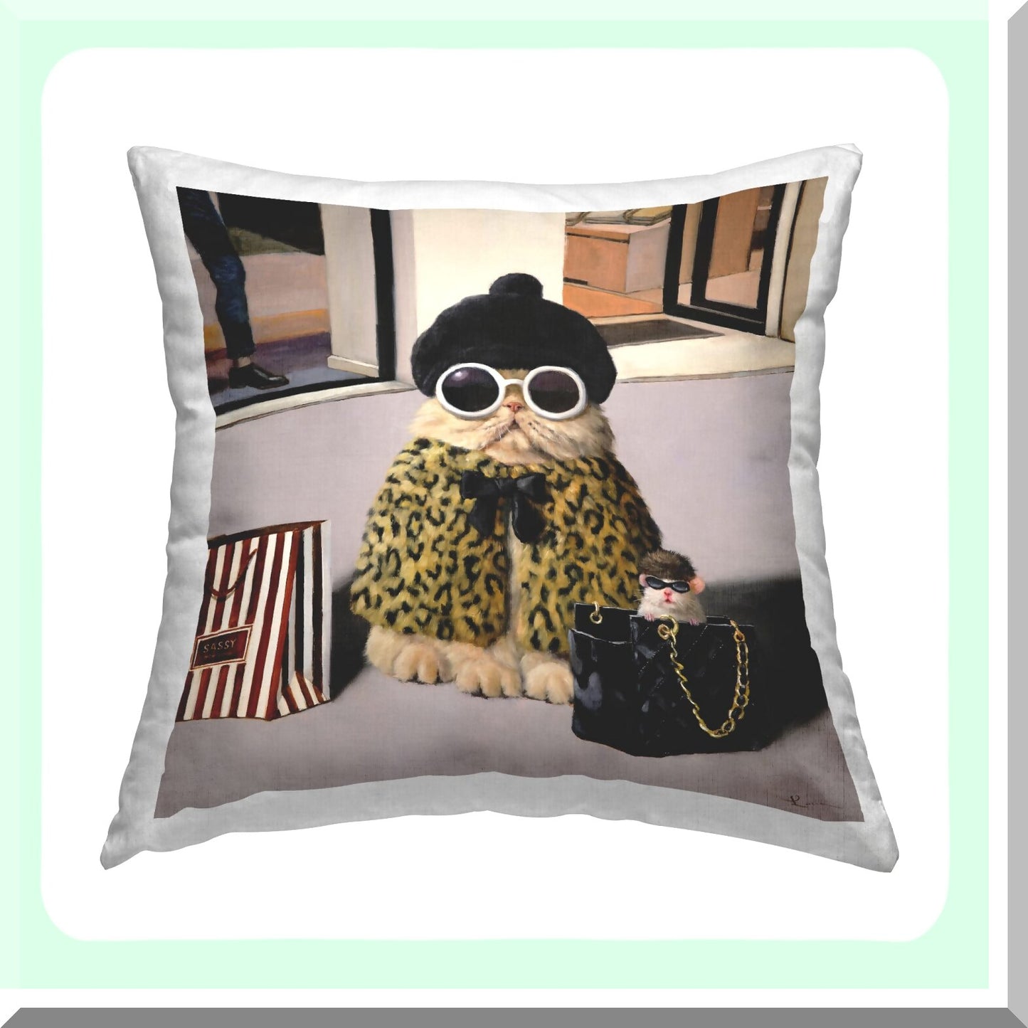 Glam Cat Designer Fashion Couture Handbag Pillow - Brown Luxe 18x18