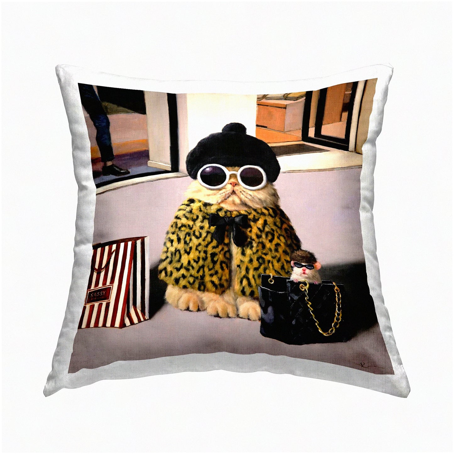 Glam Cat Designer Fashion Couture Handbag Pillow - Brown Luxe 18x18