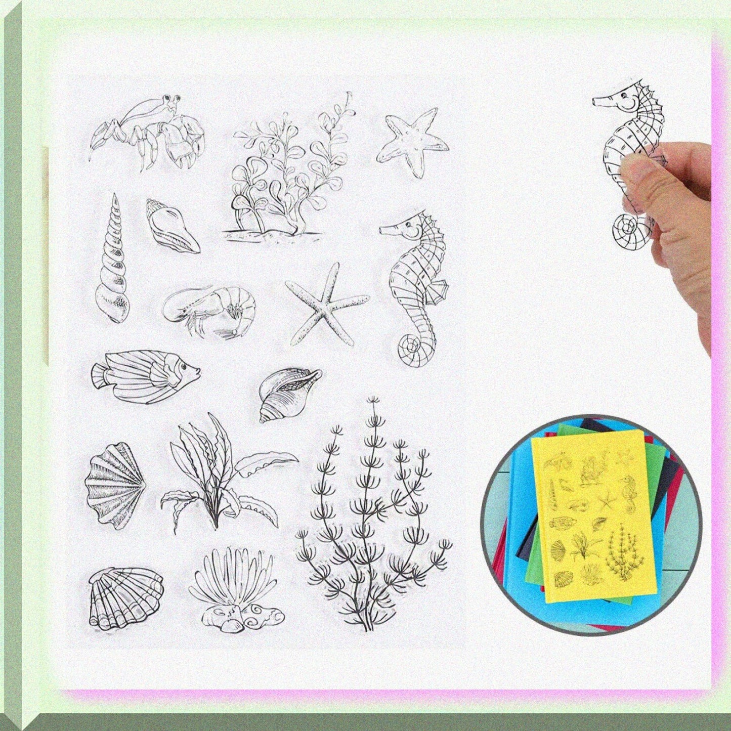 Sea Horse Conch Pattern Clear Rubber Stamp and Die Set