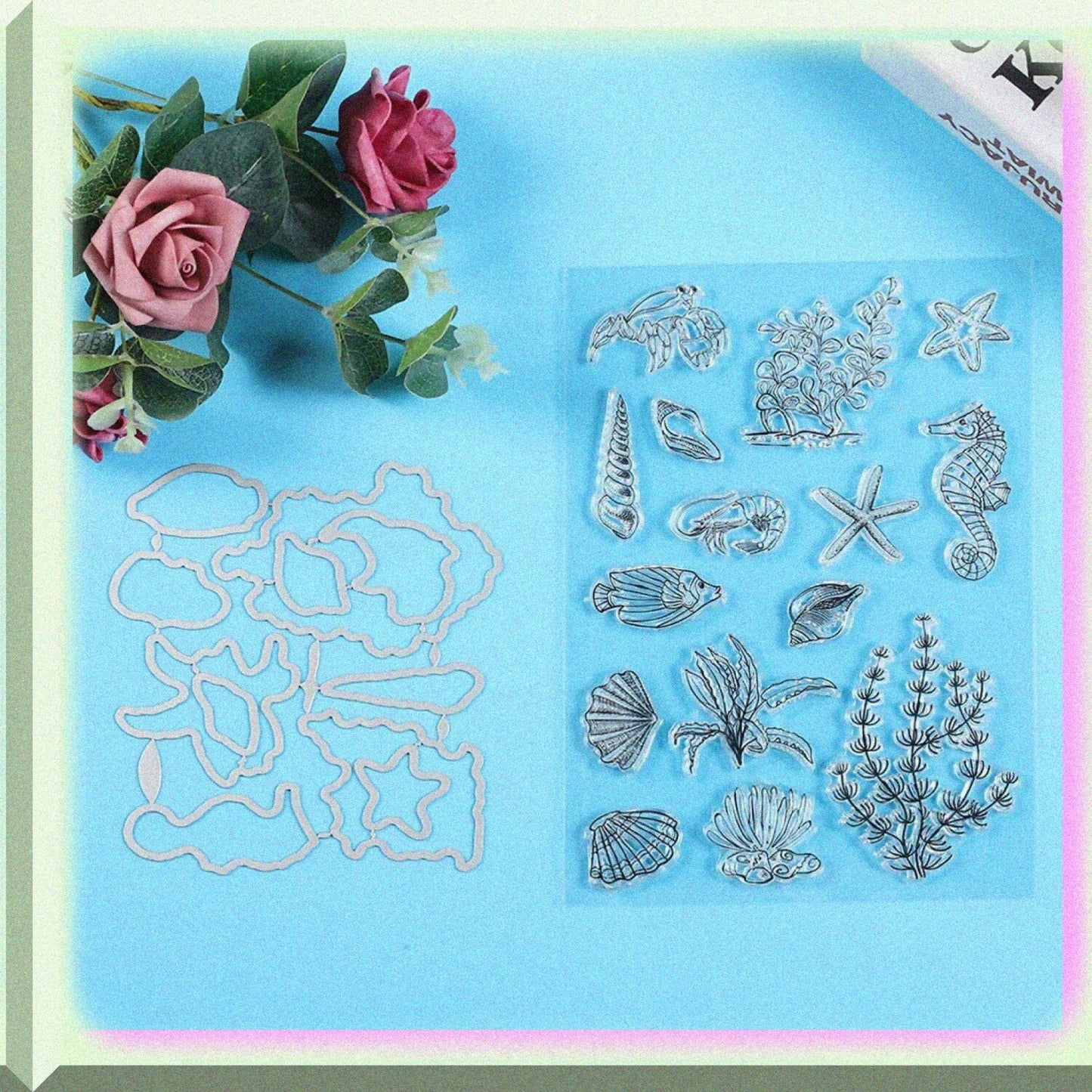 Sea Horse Conch Pattern Clear Rubber Stamp and Die Set