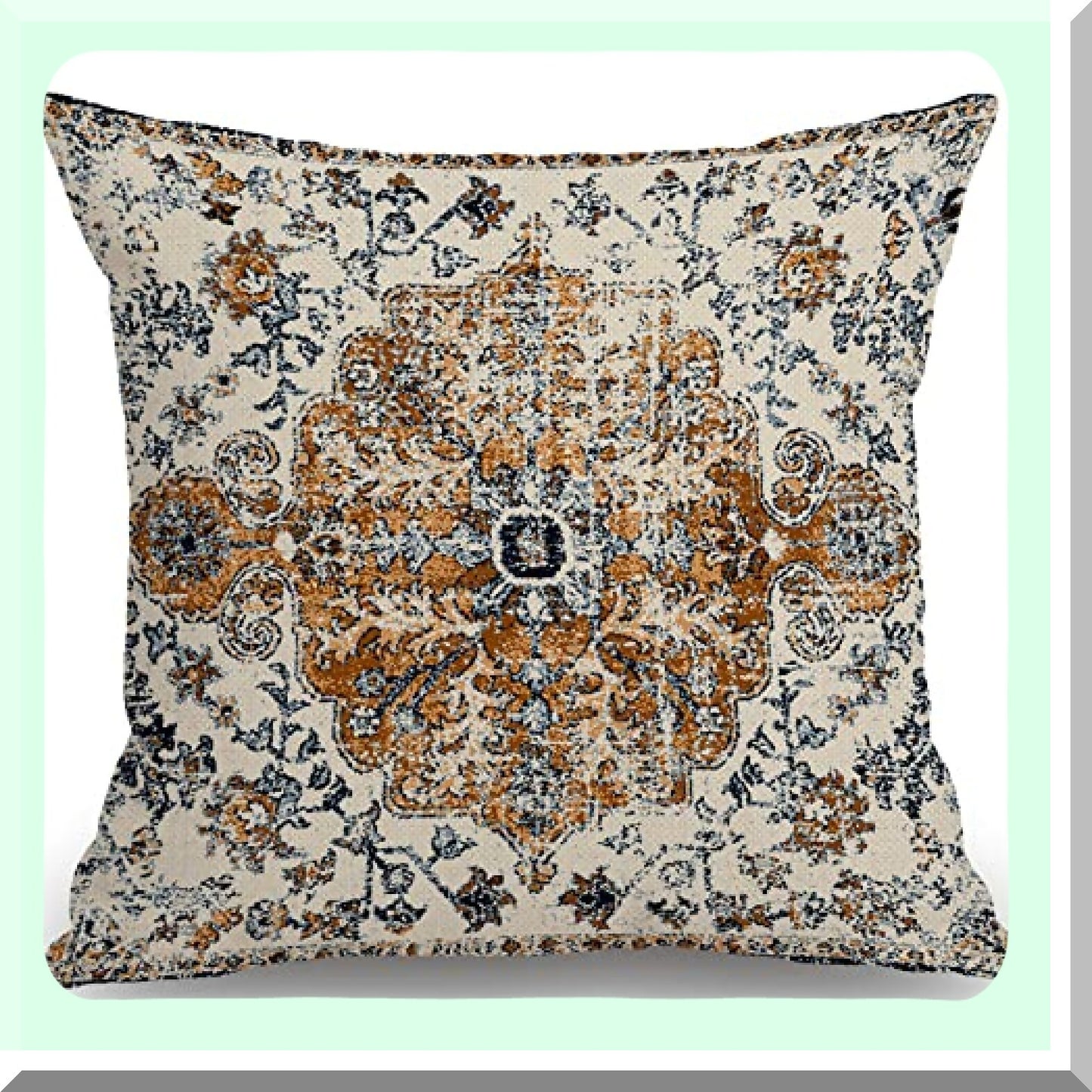 Boho Gold Blue Ethnic Throw Pillow Cover - Farmhouse Decorative Cushion Case for Sofa Couch, 18" x 18" - Cotton Linen Home Decoration Pattern