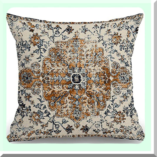 Boho Gold Blue Ethnic Throw Pillow Cover - Farmhouse Decorative Cushion Case for Sofa Couch, 18" x 18" - Cotton Linen Home Decoration Pattern