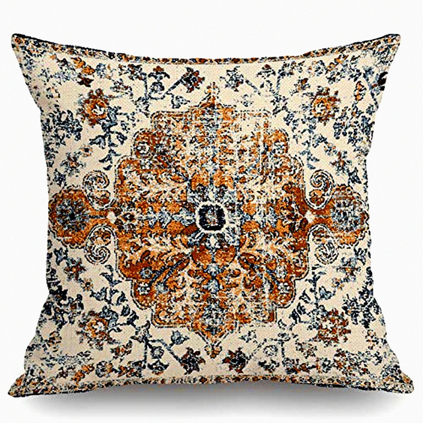 Boho Gold Blue Ethnic Throw Pillow Cover - Farmhouse Decorative Cushion Case for Sofa Couch, 18" x 18" - Cotton Linen Home Decoration Pattern