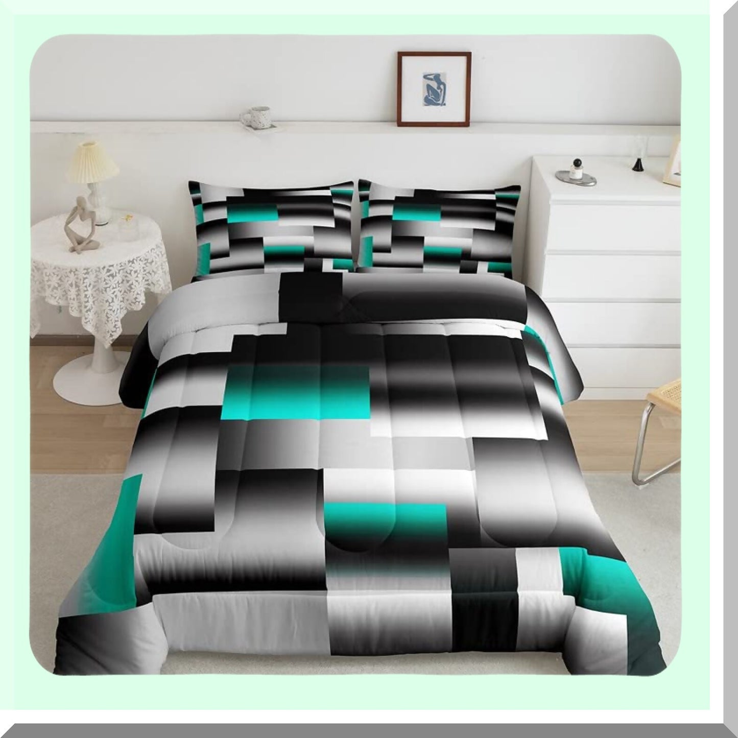 Geometric Artistry Comforter Set - Queen Size 3Pcs Duvet Set in Teal Gray Black Abstract Design for Modern Room Decor with Rectangle Geometry Pattern