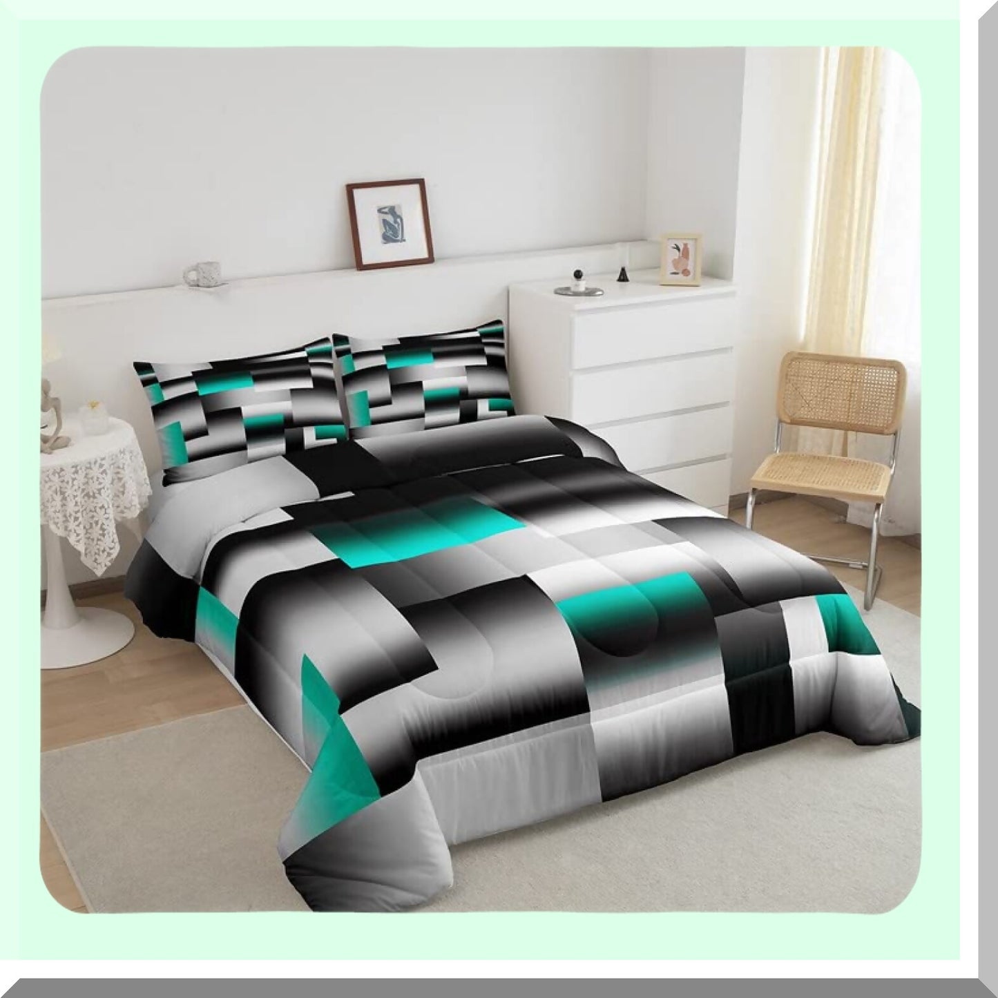 Geometric Artistry Comforter Set - Queen Size 3Pcs Duvet Set in Teal Gray Black Abstract Design for Modern Room Decor with Rectangle Geometry Pattern
