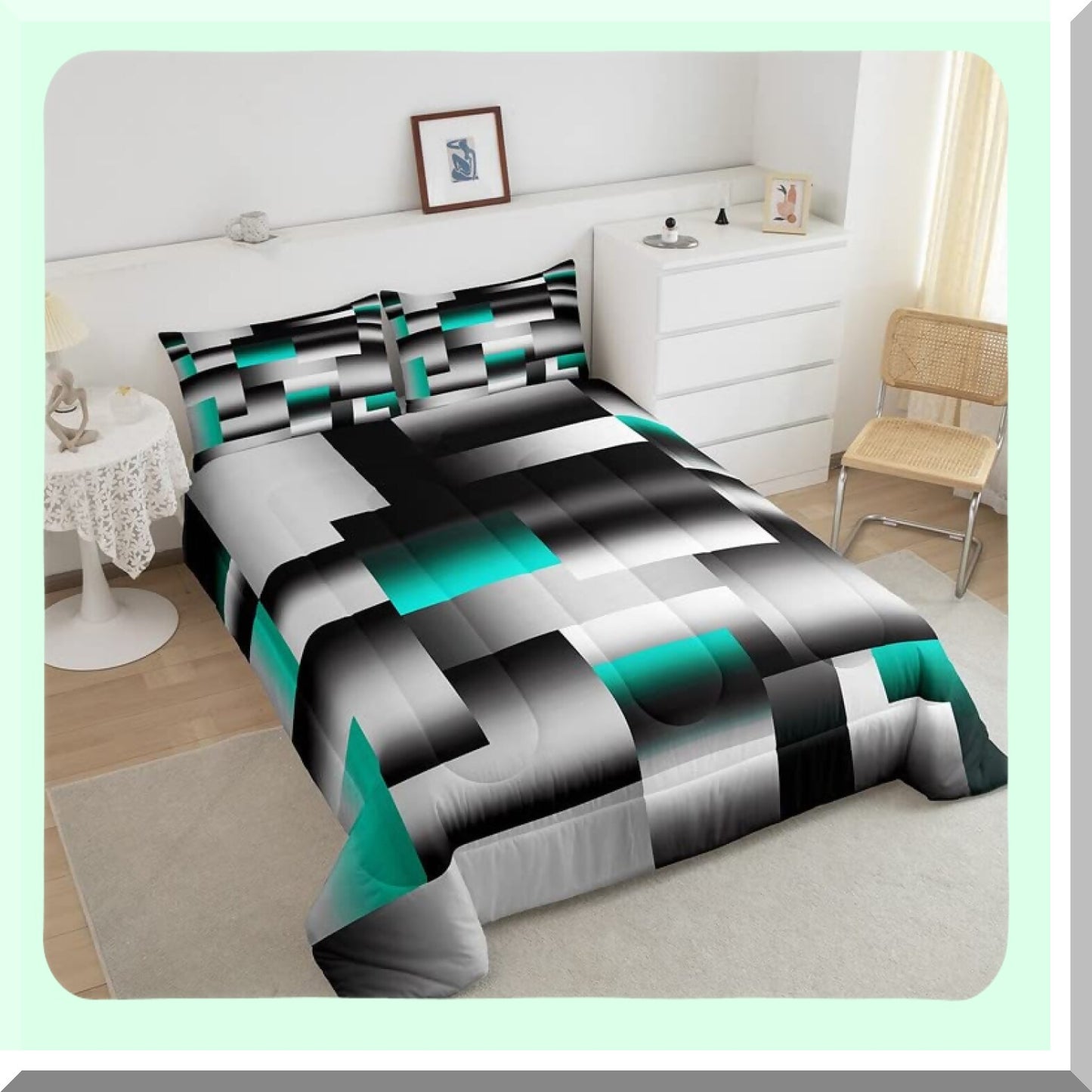 Geometric Artistry Comforter Set - Queen Size 3Pcs Duvet Set in Teal Gray Black Abstract Design for Modern Room Decor with Rectangle Geometry Pattern