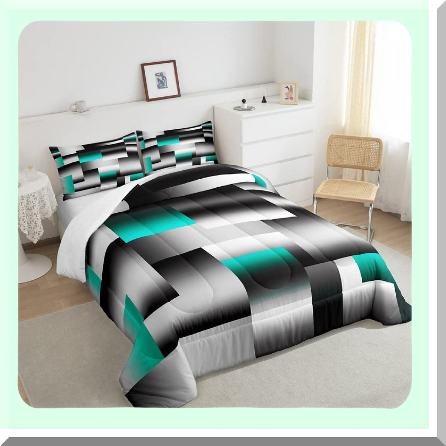 Geometric Artistry Comforter Set - Queen Size 3Pcs Duvet Set in Teal Gray Black Abstract Design for Modern Room Decor with Rectangle Geometry Pattern