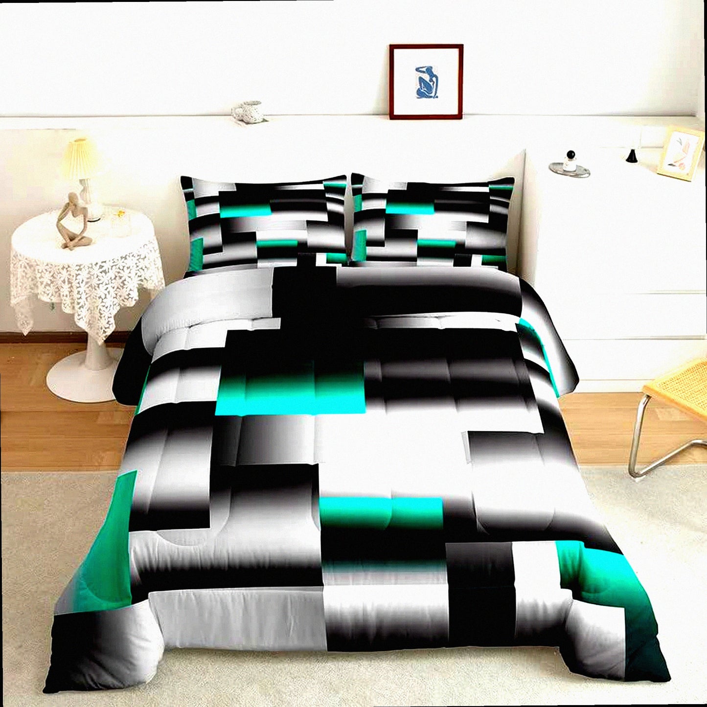 Geometric Artistry Comforter Set - Queen Size 3Pcs Duvet Set in Teal Gray Black Abstract Design for Modern Room Decor with Rectangle Geometry Pattern