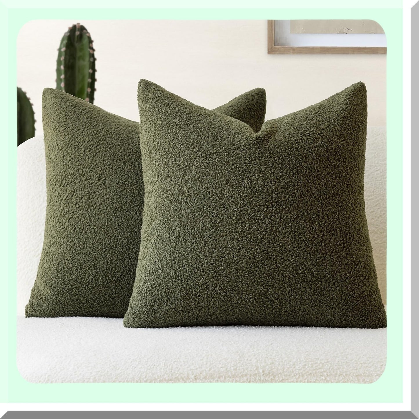 CozyCurly Plush Pillowcase Set - 2 Pack Soft Cushion Covers with Zipper for Living Room Couch Bed Sofa. Fluffy Boho Decorative Throw Pillows in Moss Green, 18 x 18 Inch.
