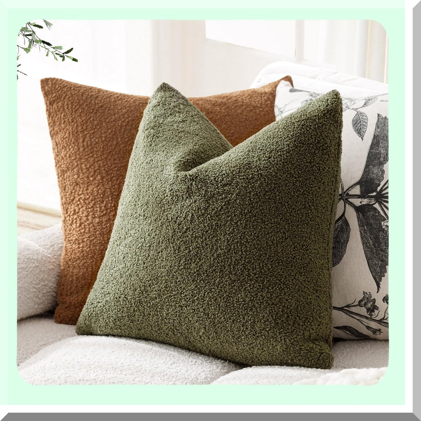 CozyCurly Plush Pillowcase Set - 2 Pack Soft Cushion Covers with Zipper for Living Room Couch Bed Sofa. Fluffy Boho Decorative Throw Pillows in Moss Green, 18 x 18 Inch.
