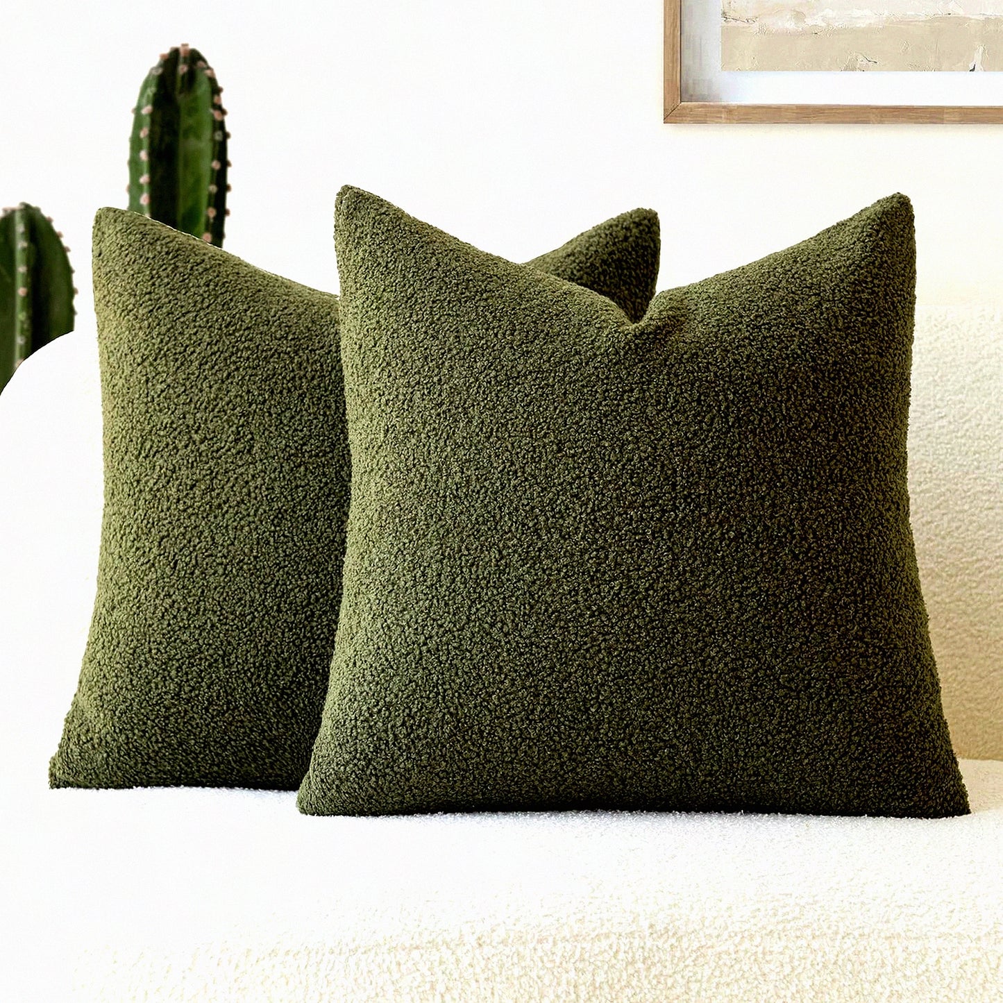 CozyCurly Plush Pillowcase Set - 2 Pack Soft Cushion Covers with Zipper for Living Room Couch Bed Sofa. Fluffy Boho Decorative Throw Pillows in Moss Green, 18 x 18 Inch.