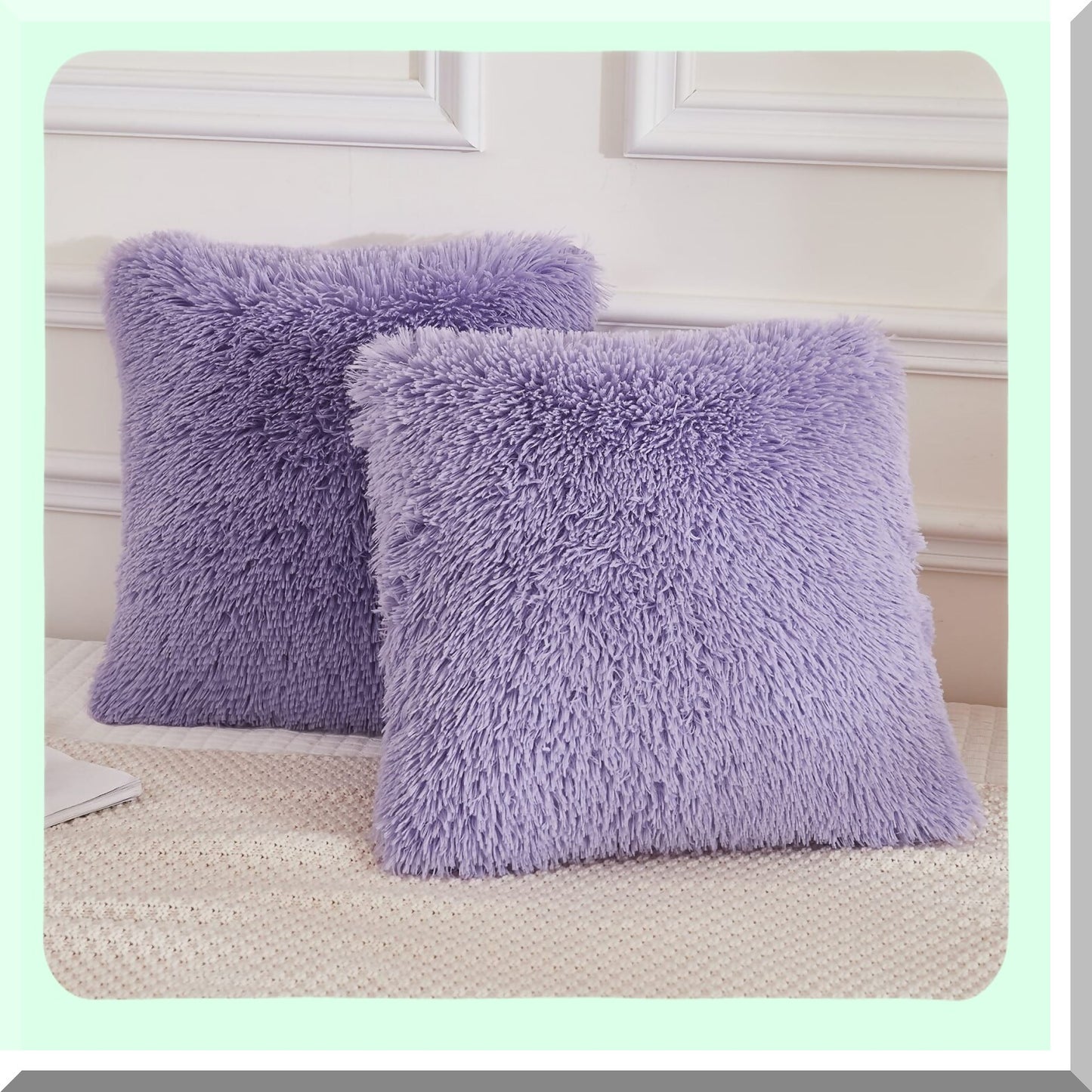 Lavender Plush Shaggy Velvet Throw Pillowcase Set - Fluffy Decorative Cushion Cover with Zipper Closure - 18"x18" - Pack of 2