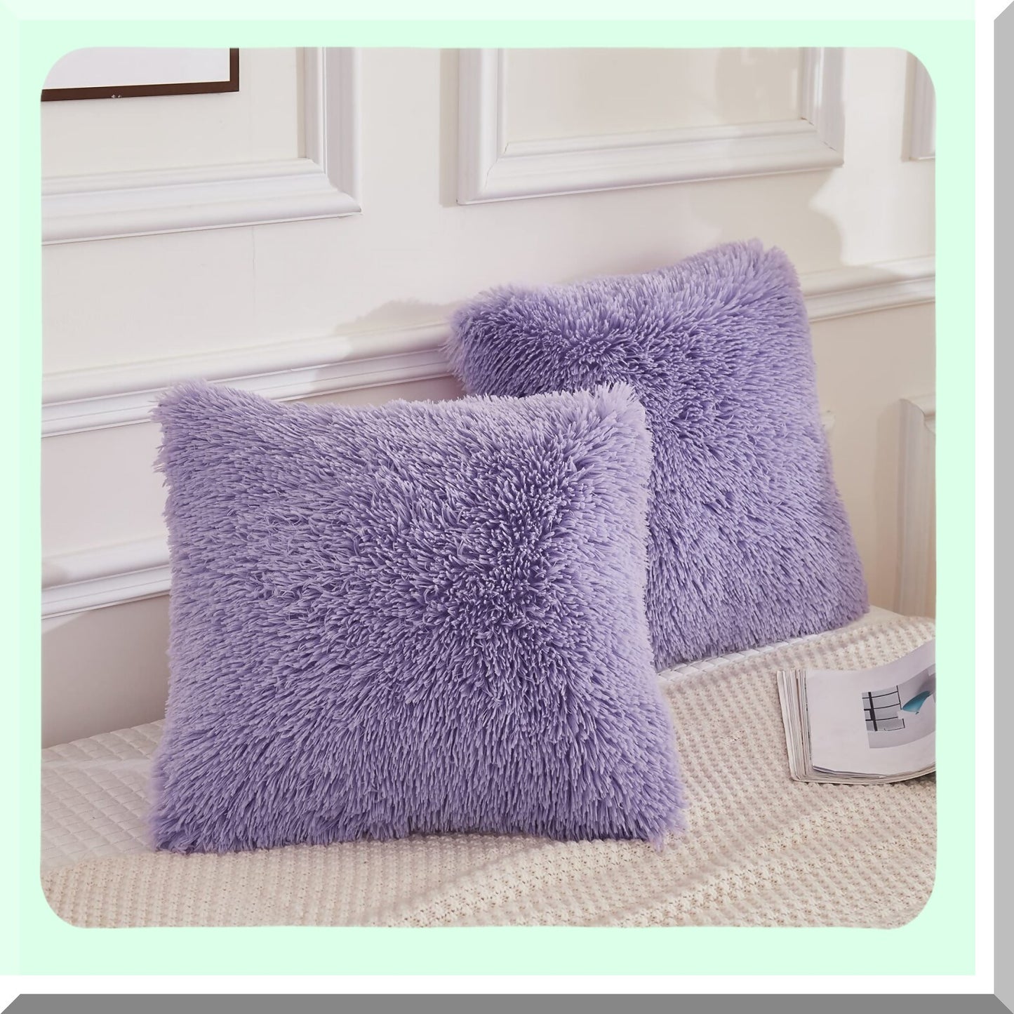 Lavender Plush Shaggy Velvet Throw Pillowcase Set - Fluffy Decorative Cushion Cover with Zipper Closure - 18"x18" - Pack of 2