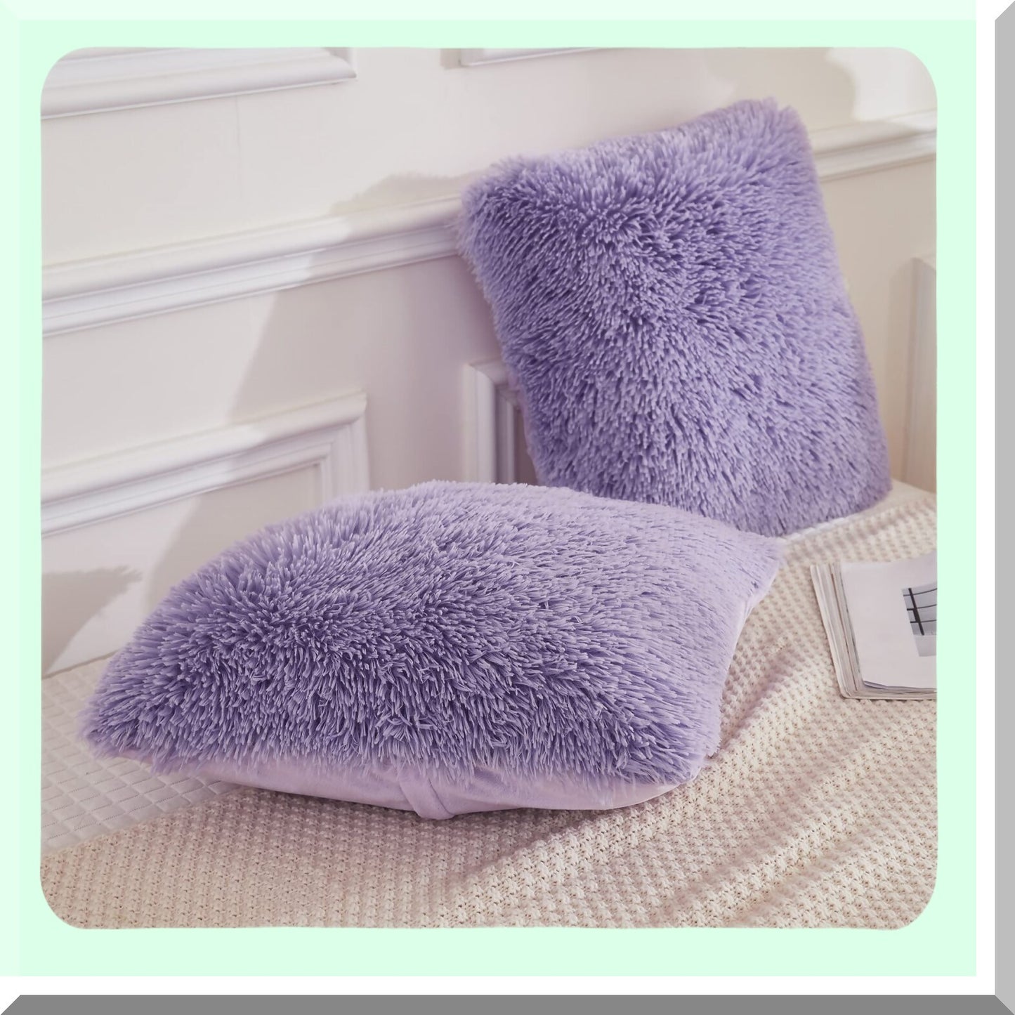 Lavender Plush Shaggy Velvet Throw Pillowcase Set - Fluffy Decorative Cushion Cover with Zipper Closure - 18"x18" - Pack of 2