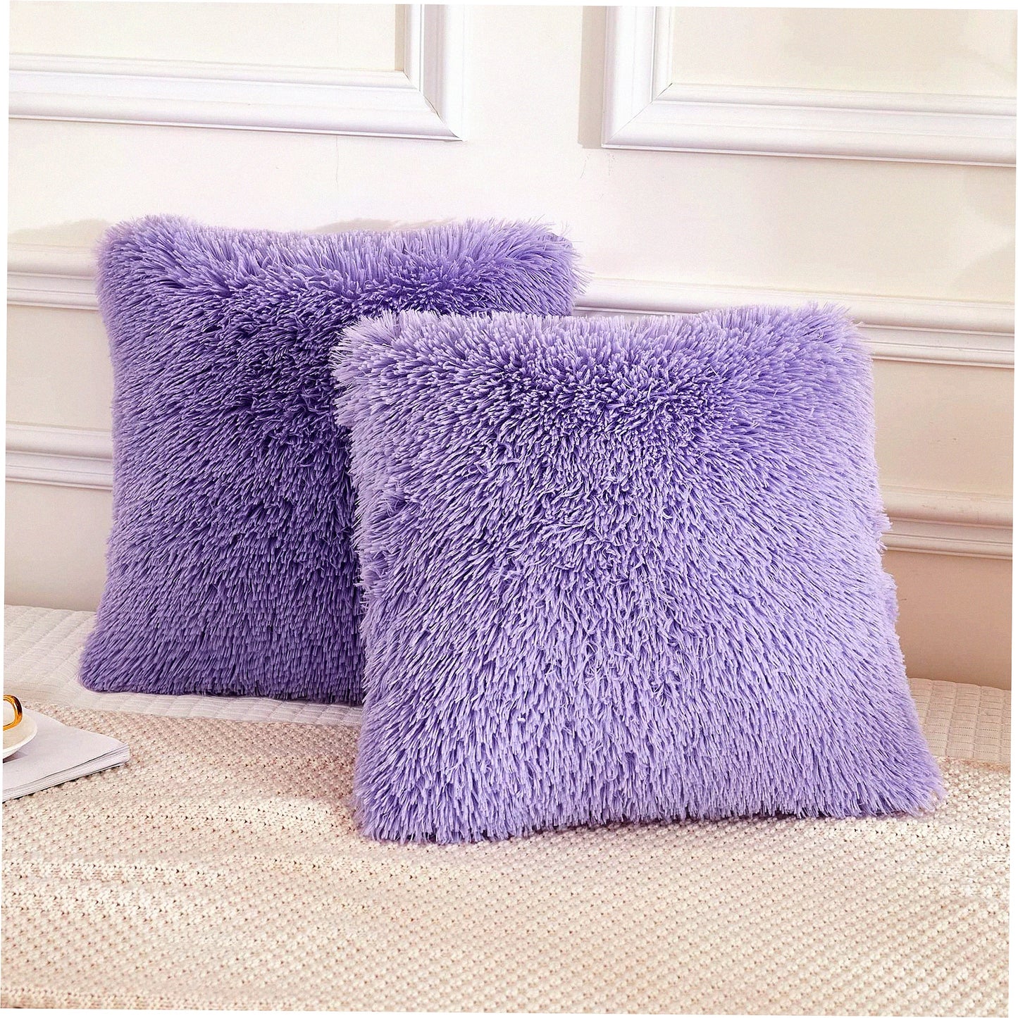Lavender Plush Shaggy Velvet Throw Pillowcase Set - Fluffy Decorative Cushion Cover with Zipper Closure - 18"x18" - Pack of 2