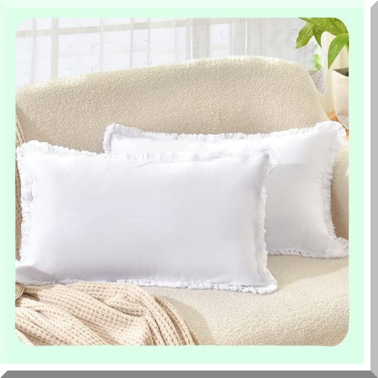 White Fringe Chic Cotton Pillow Covers Set - 12x20 Decorative Square Cushion Covers for Sofa Couch Bed - Farmhouse Boho Living Room Decor - Set of 2