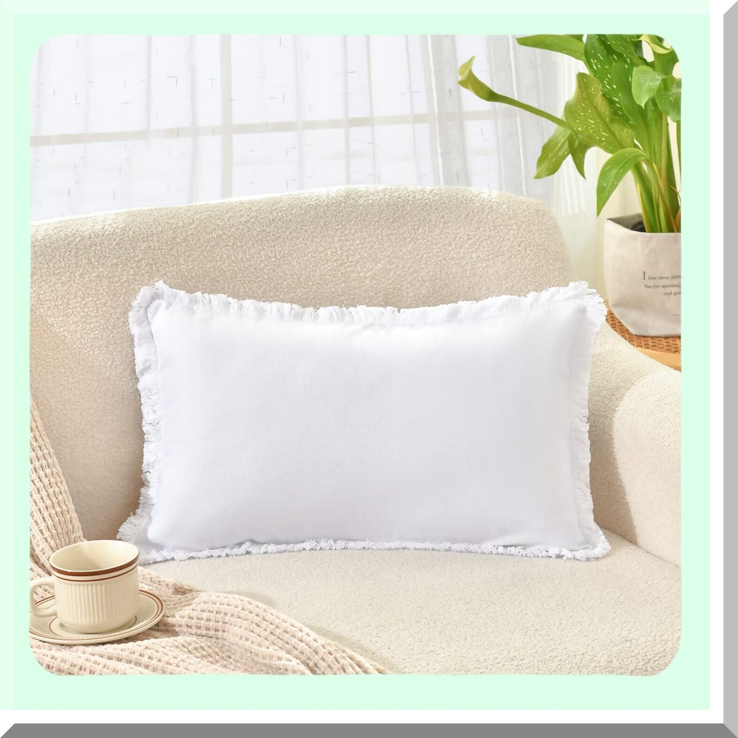 White Fringe Chic Cotton Pillow Covers Set - 12x20 Decorative Square Cushion Covers for Sofa Couch Bed - Farmhouse Boho Living Room Decor - Set of 2