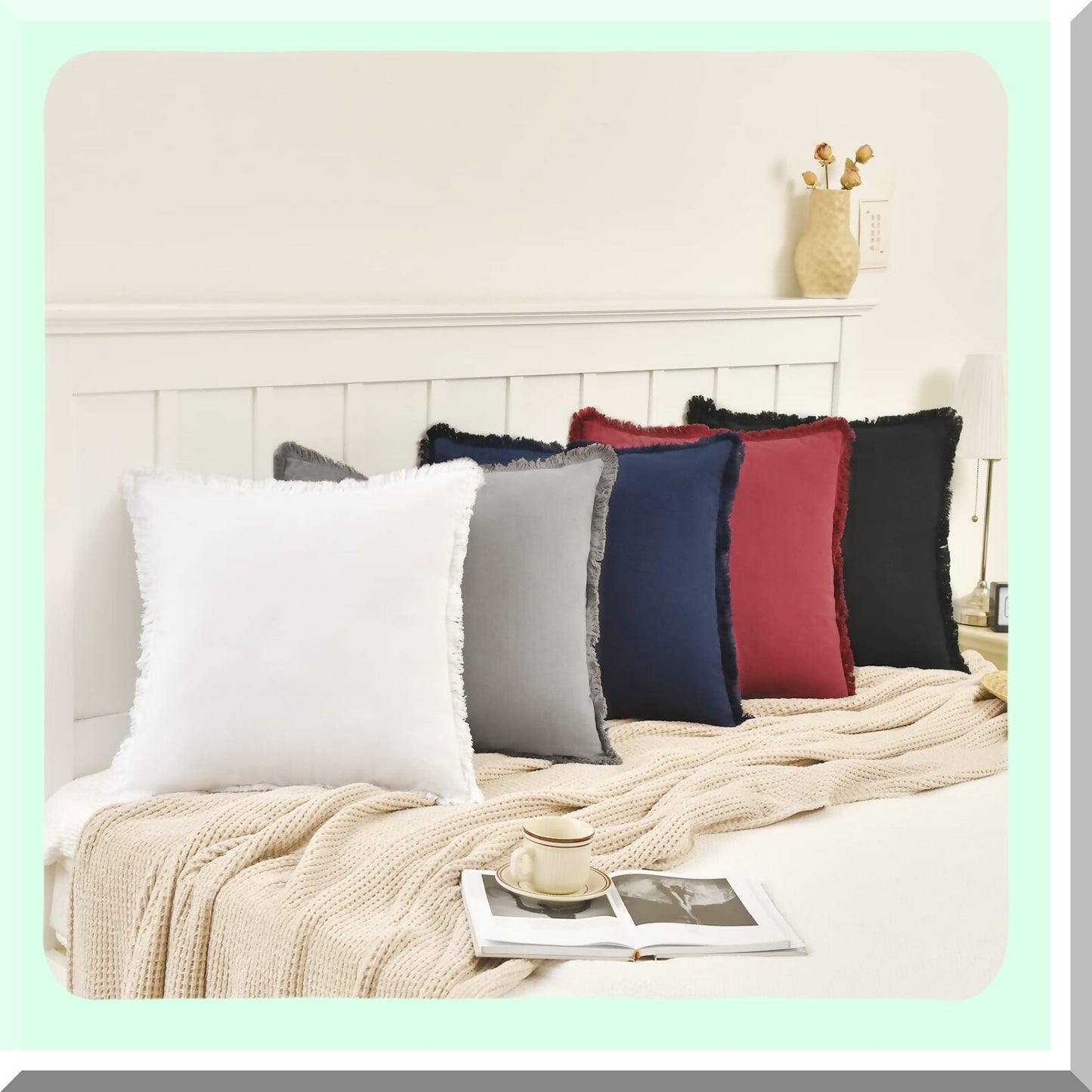 White Fringe Chic Cotton Pillow Covers Set - 12x20 Decorative Square Cushion Covers for Sofa Couch Bed - Farmhouse Boho Living Room Decor - Set of 2