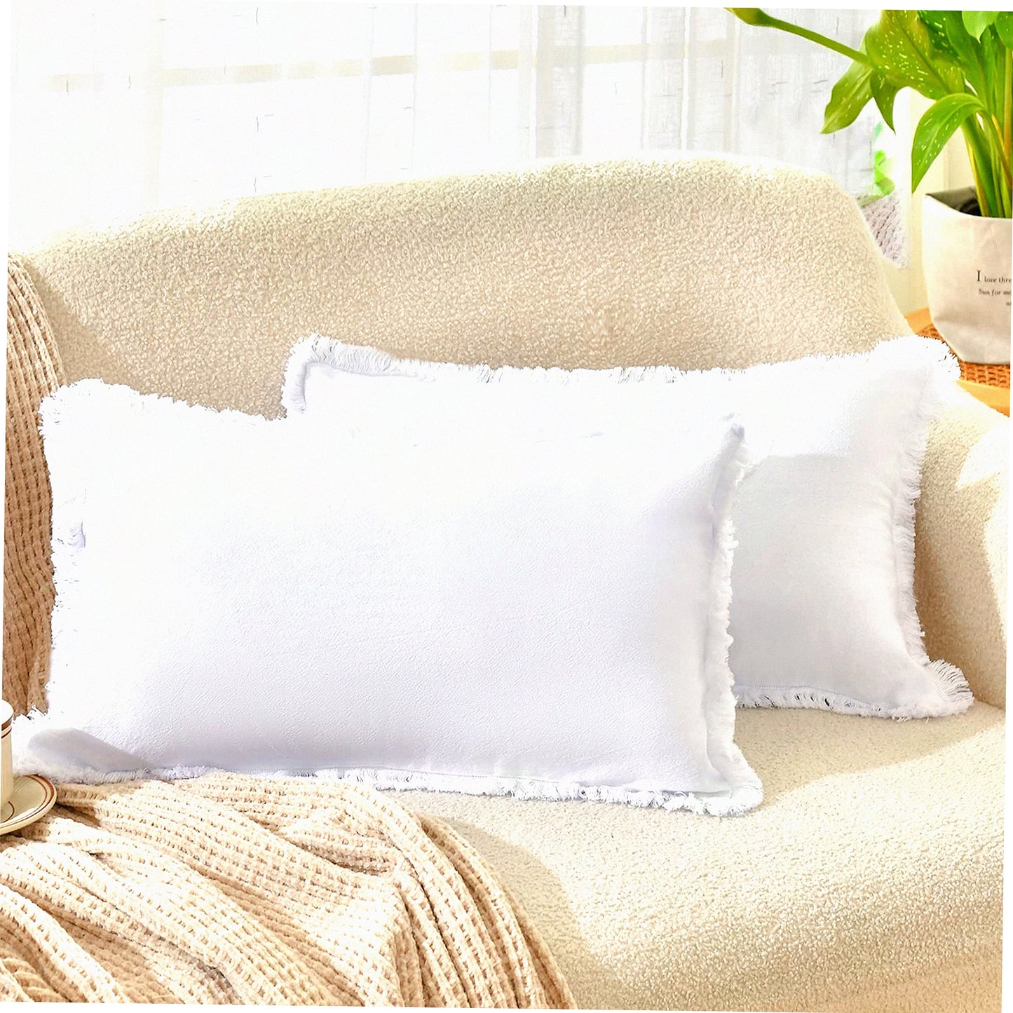 White Fringe Chic Cotton Pillow Covers Set - 12x20 Decorative Square Cushion Covers for Sofa Couch Bed - Farmhouse Boho Living Room Decor - Set of 2