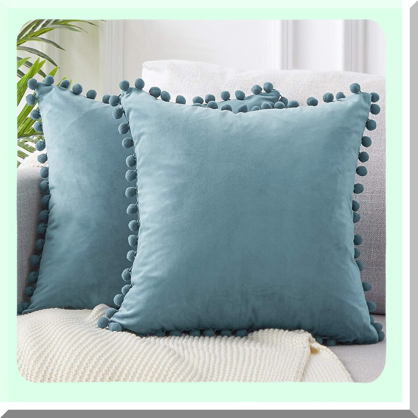 Velvet Pom-Pom Euro Pillow Covers - Set of 2 | Grey Blue Decorative Cushion Cases for Bed | 26x26 Soft Solid Cover for Bedroom Living Room | Spring Home Aesthetic Décor