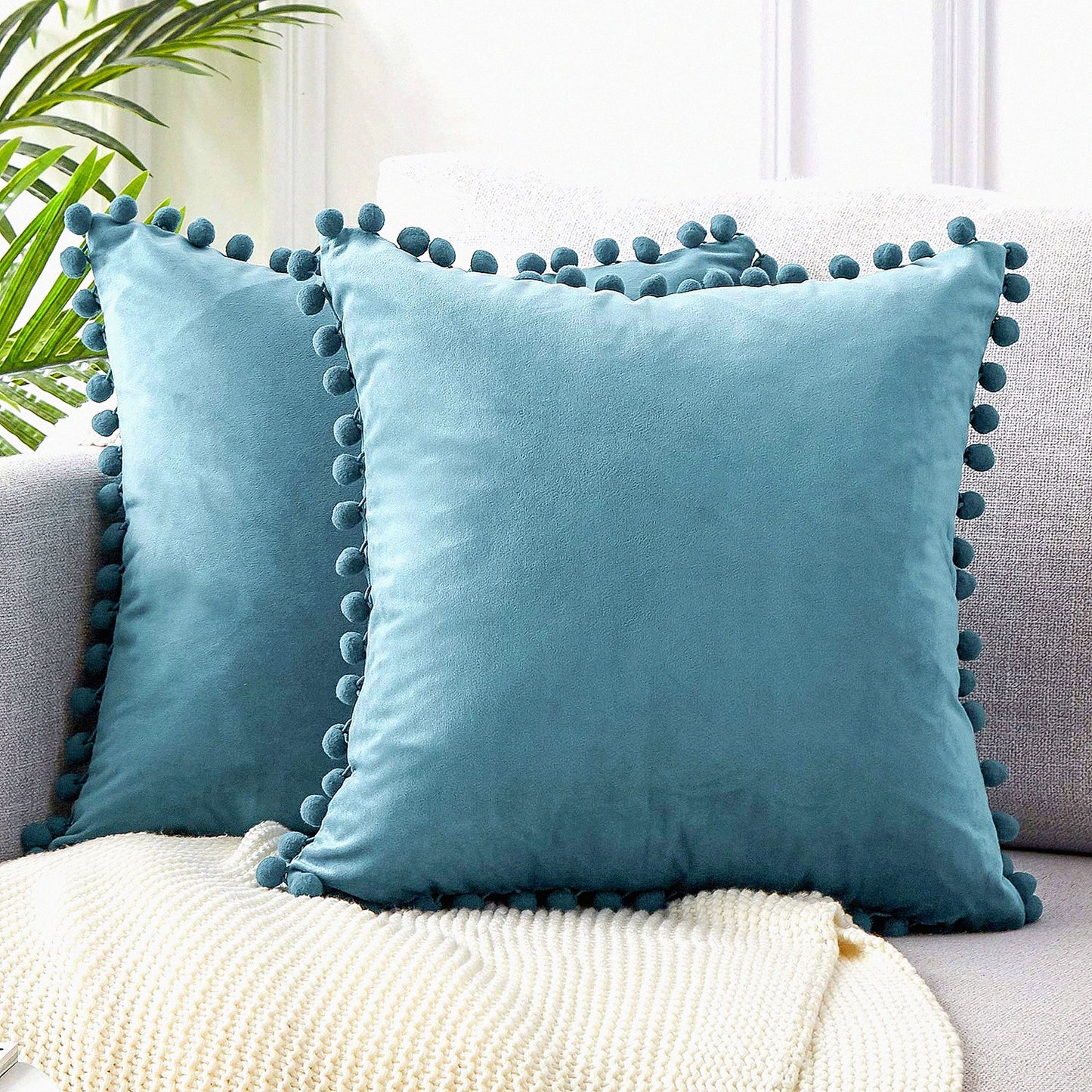 Velvet Pom-Pom Euro Pillow Covers - Set of 2 | Grey Blue Decorative Cushion Cases for Bed | 26x26 Soft Solid Cover for Bedroom Living Room | Spring Home Aesthetic Décor
