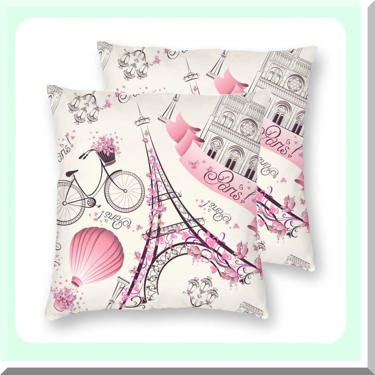 Eiffel Tower Parisian Chic Pillowcase Set - 2 Pack Decorative Throw Cushion Covers for Bedroom, Living Room, Sofa, Couch & Bed - 18x18 Inch French Travel Theme Home Decor